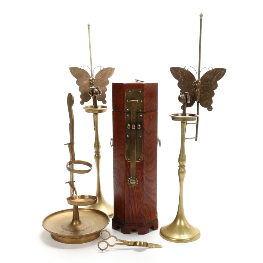 Brass Candlesticks with Butterfly Reflectors, Scroll Box  and Accessories