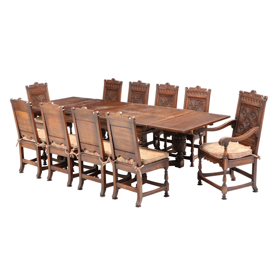 Eleven-Piece Jacobean Style Carved Oak Dining Set, Early 20th Century