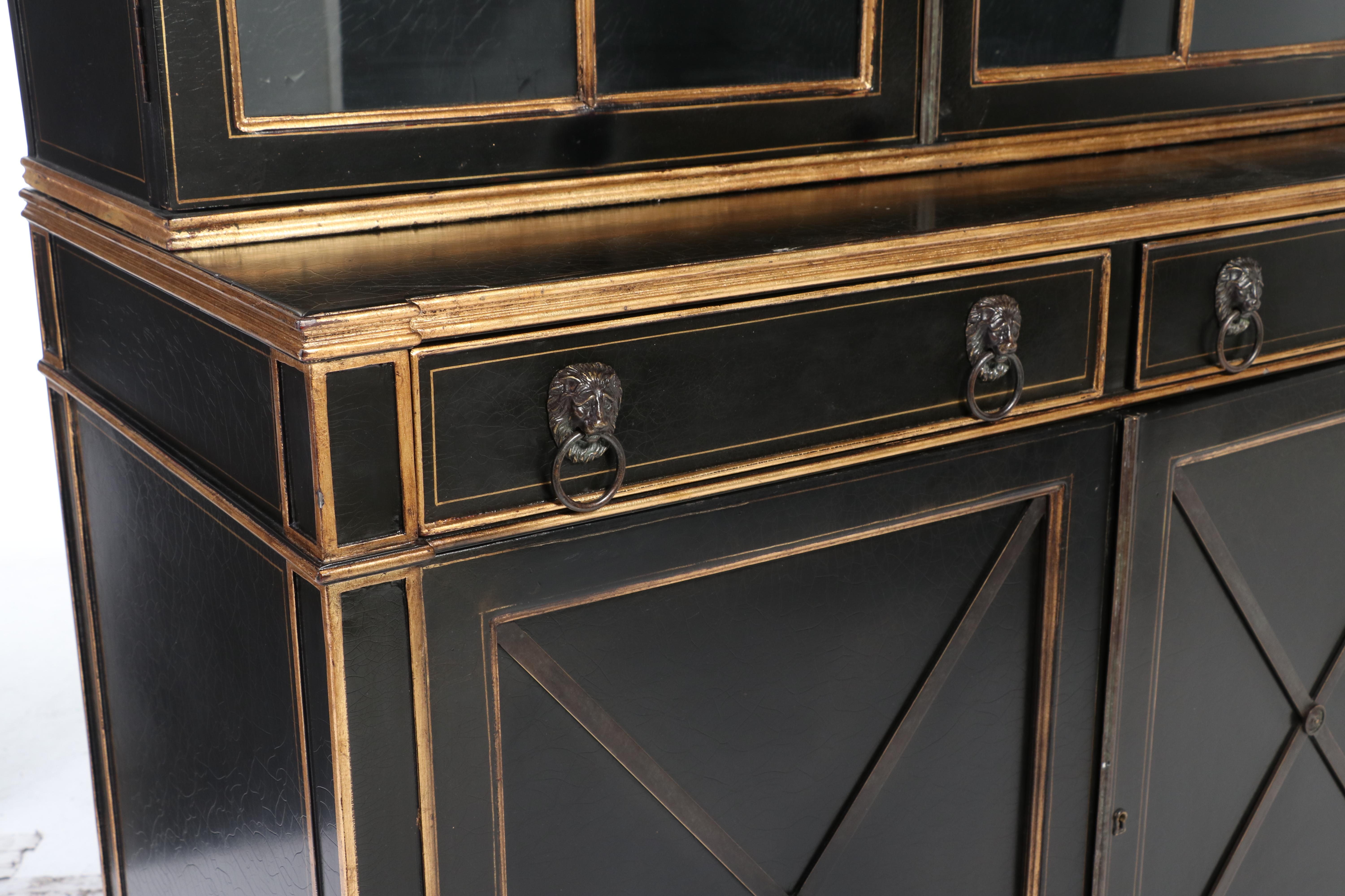 Neoclassical Style Black Lacquer and Parcel-Gilt Two-Piece China Cabinet