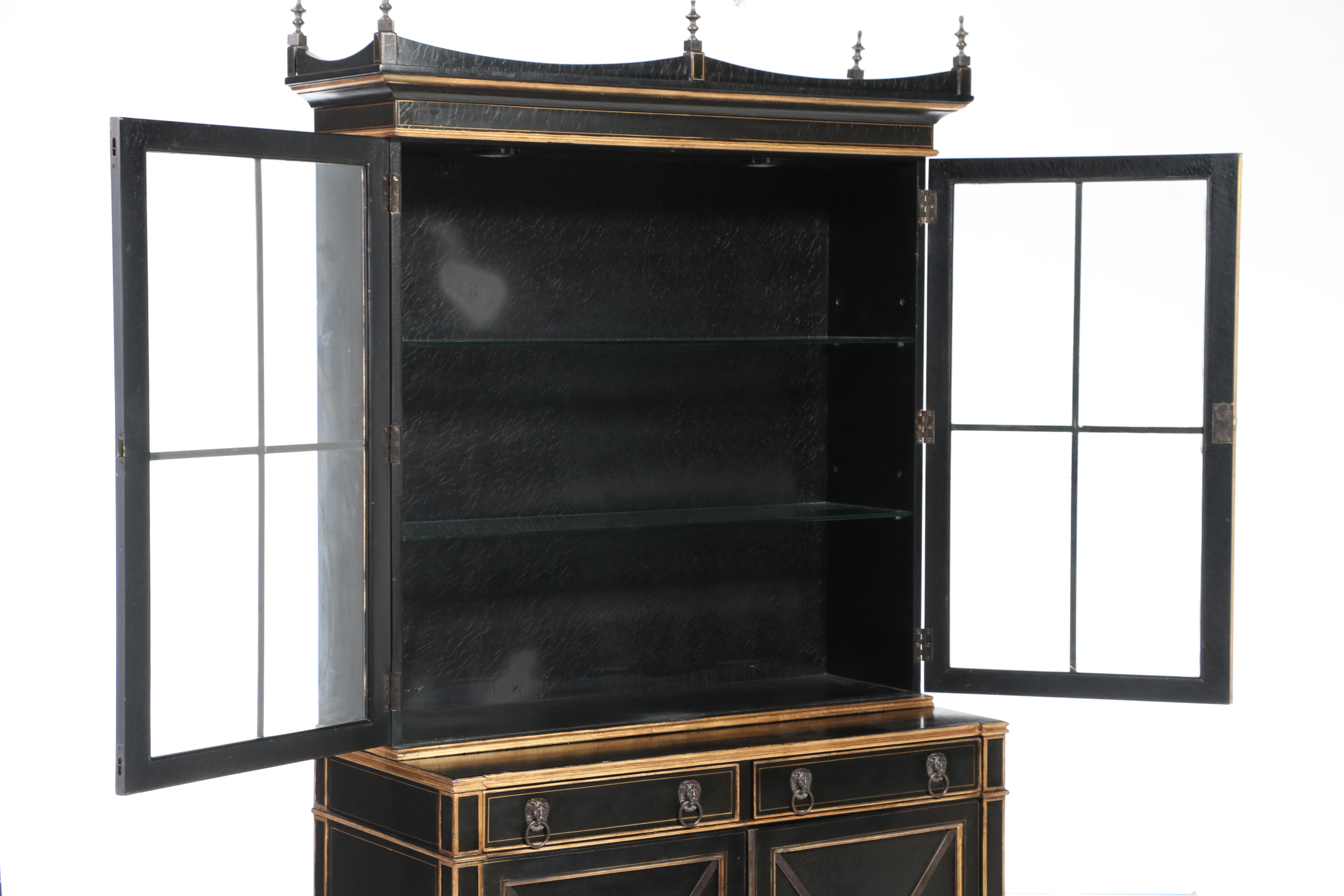 Neoclassical Style Black Lacquer and Parcel-Gilt Two-Piece China Cabinet