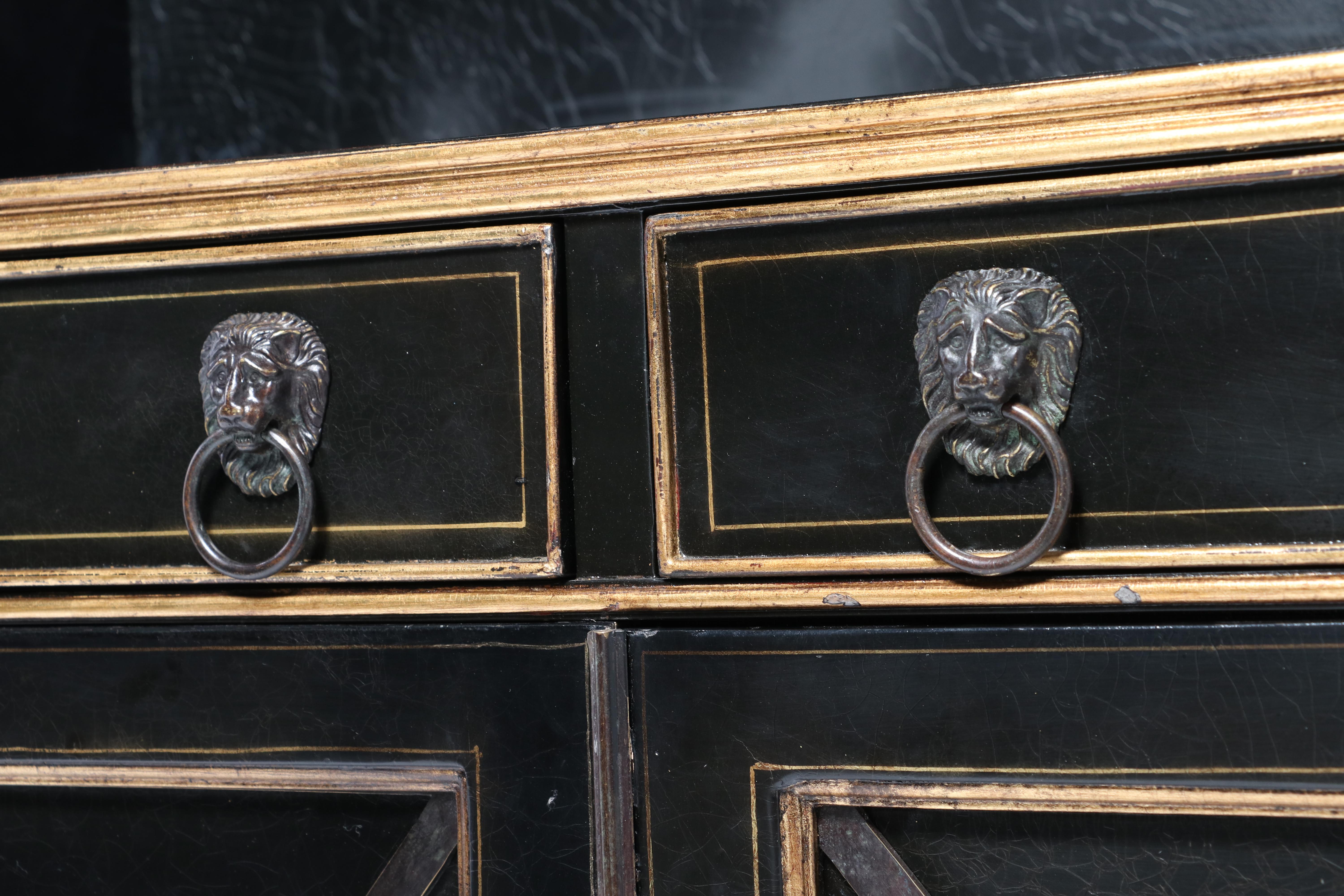 Neoclassical Style Black Lacquer and Parcel-Gilt Two-Piece China Cabinet