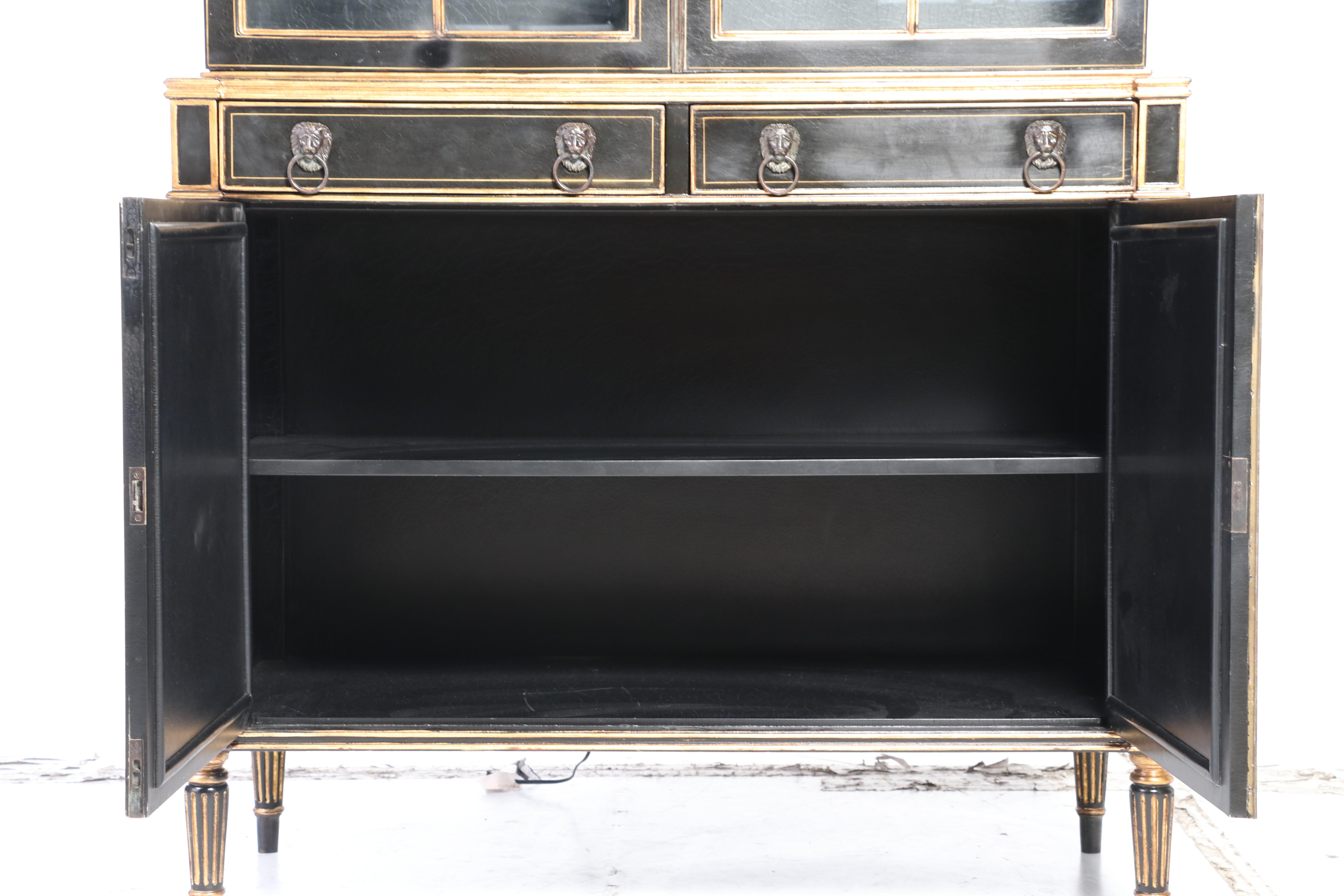 Neoclassical Style Black Lacquer and Parcel-Gilt Two-Piece China Cabinet