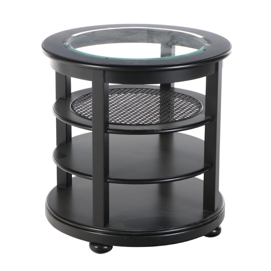 Lacquered Wood, Cane and Glass Tiered End Table