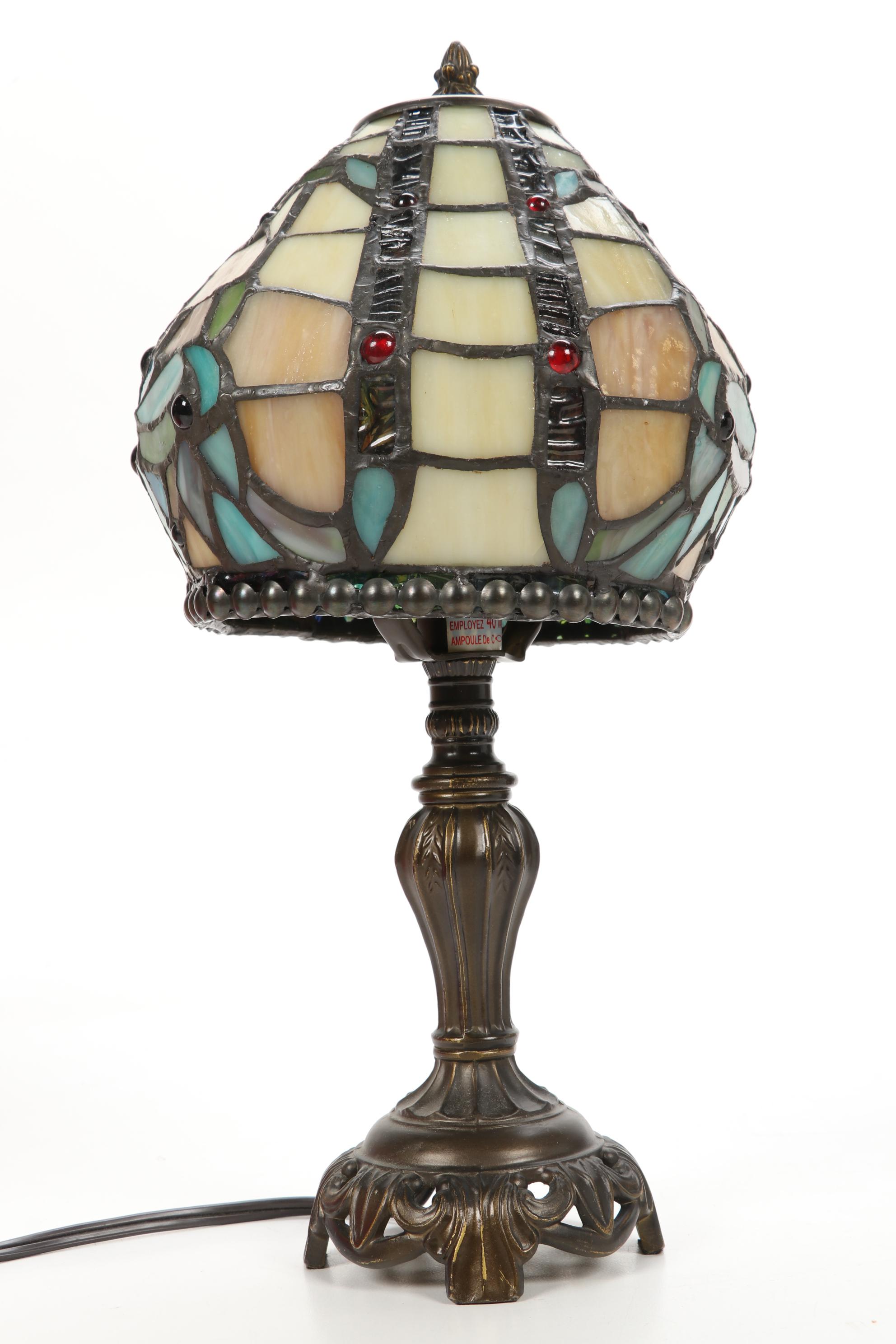 J.N. Machet Stained Glass Pendant Light and Slag Glass Desk Lamp