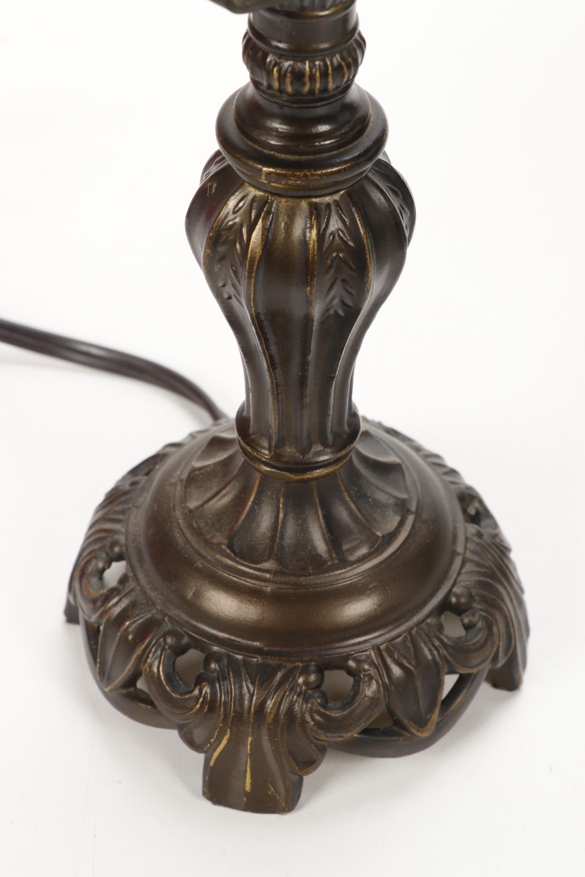 J.N. Machet Stained Glass Pendant Light and Slag Glass Desk Lamp