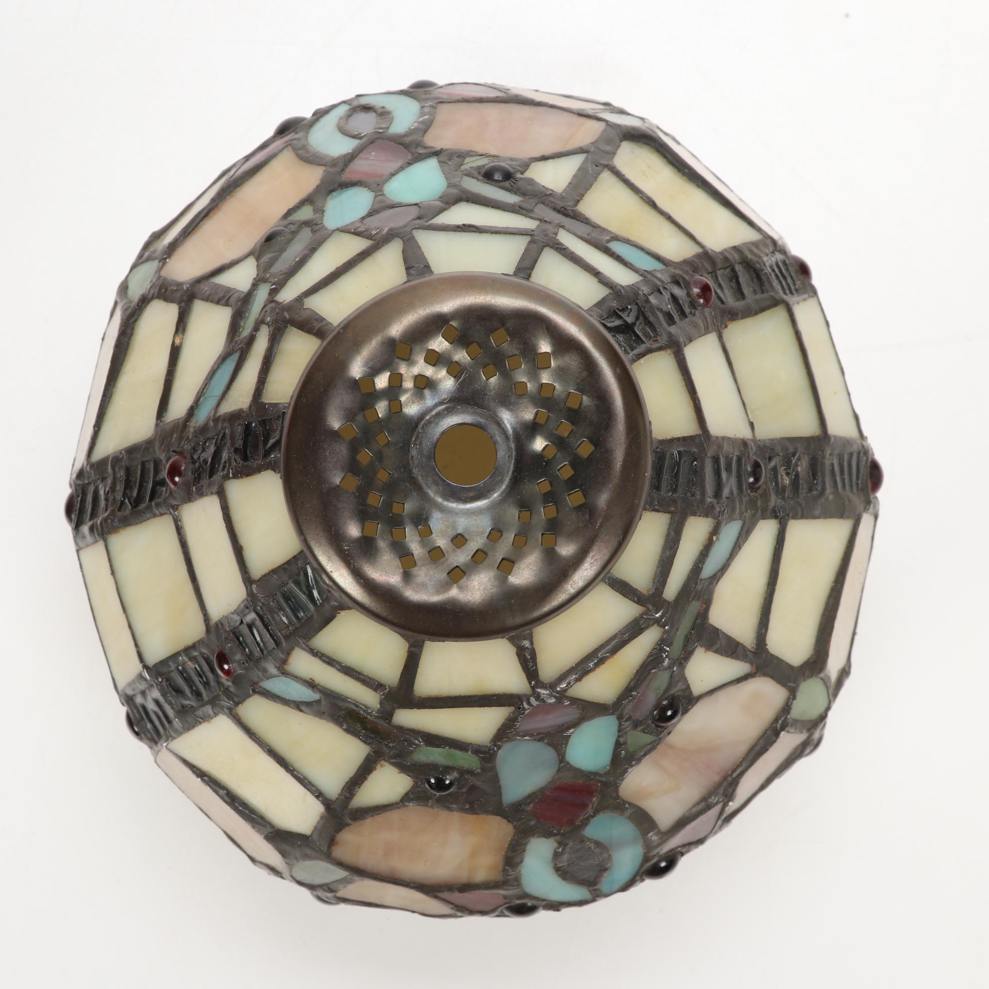 J.N. Machet Stained Glass Pendant Light and Slag Glass Desk Lamp