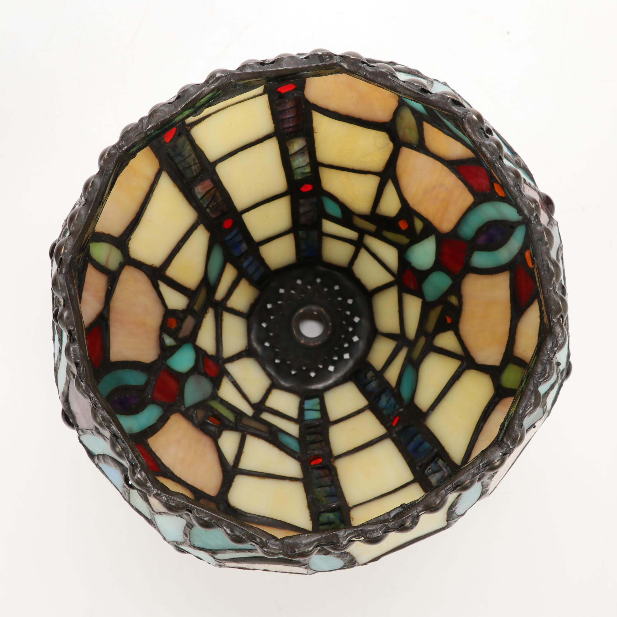 J.N. Machet Stained Glass Pendant Light and Slag Glass Desk Lamp