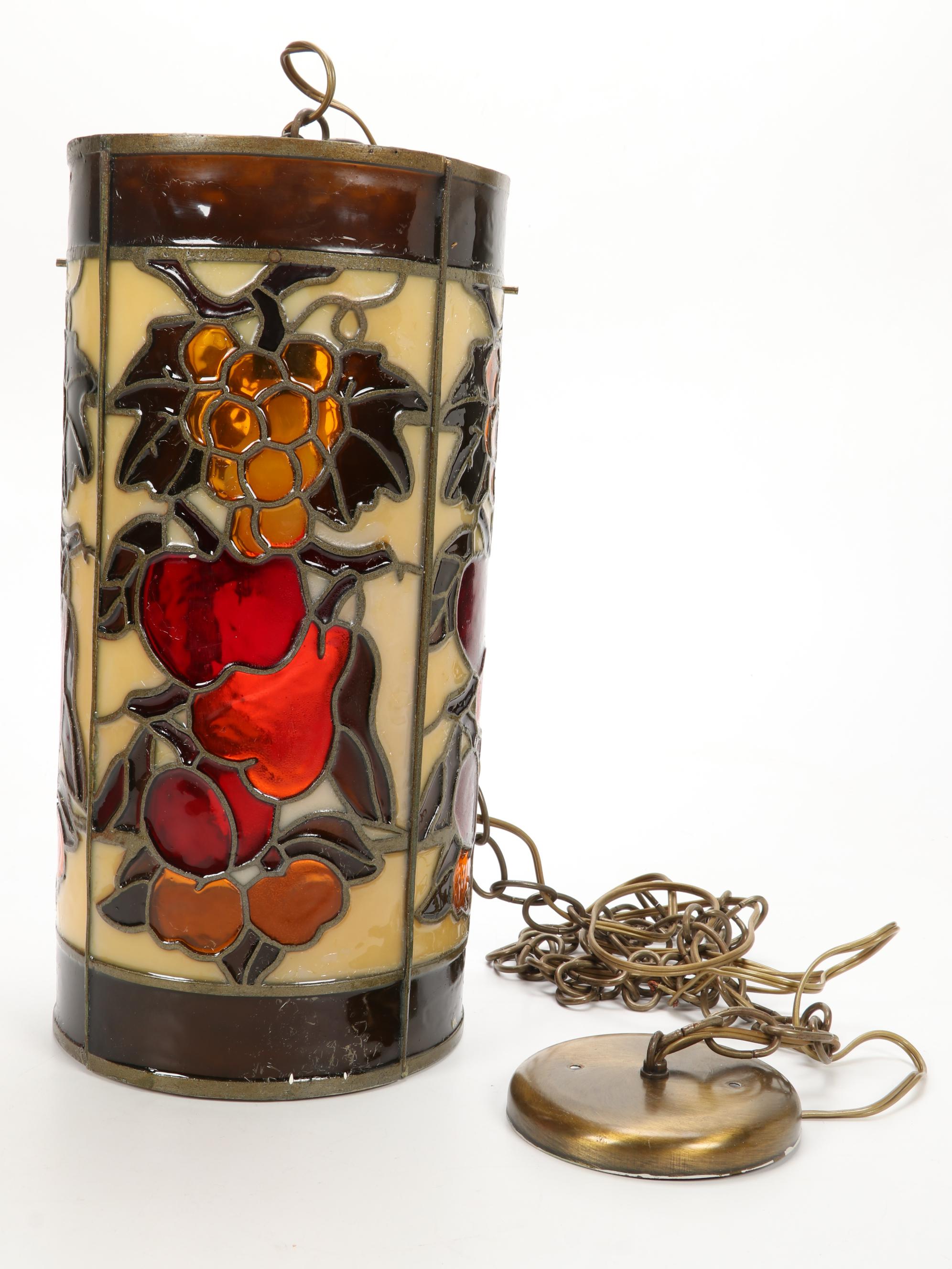 J.N. Machet Stained Glass Pendant Light and Slag Glass Desk Lamp