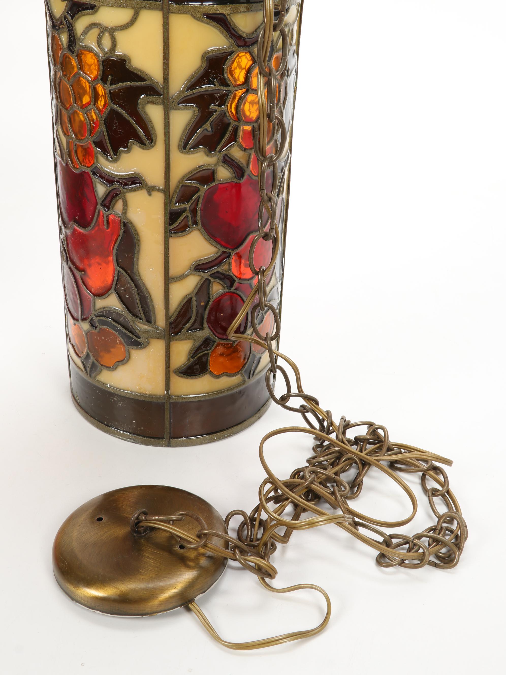 J.N. Machet Stained Glass Pendant Light and Slag Glass Desk Lamp