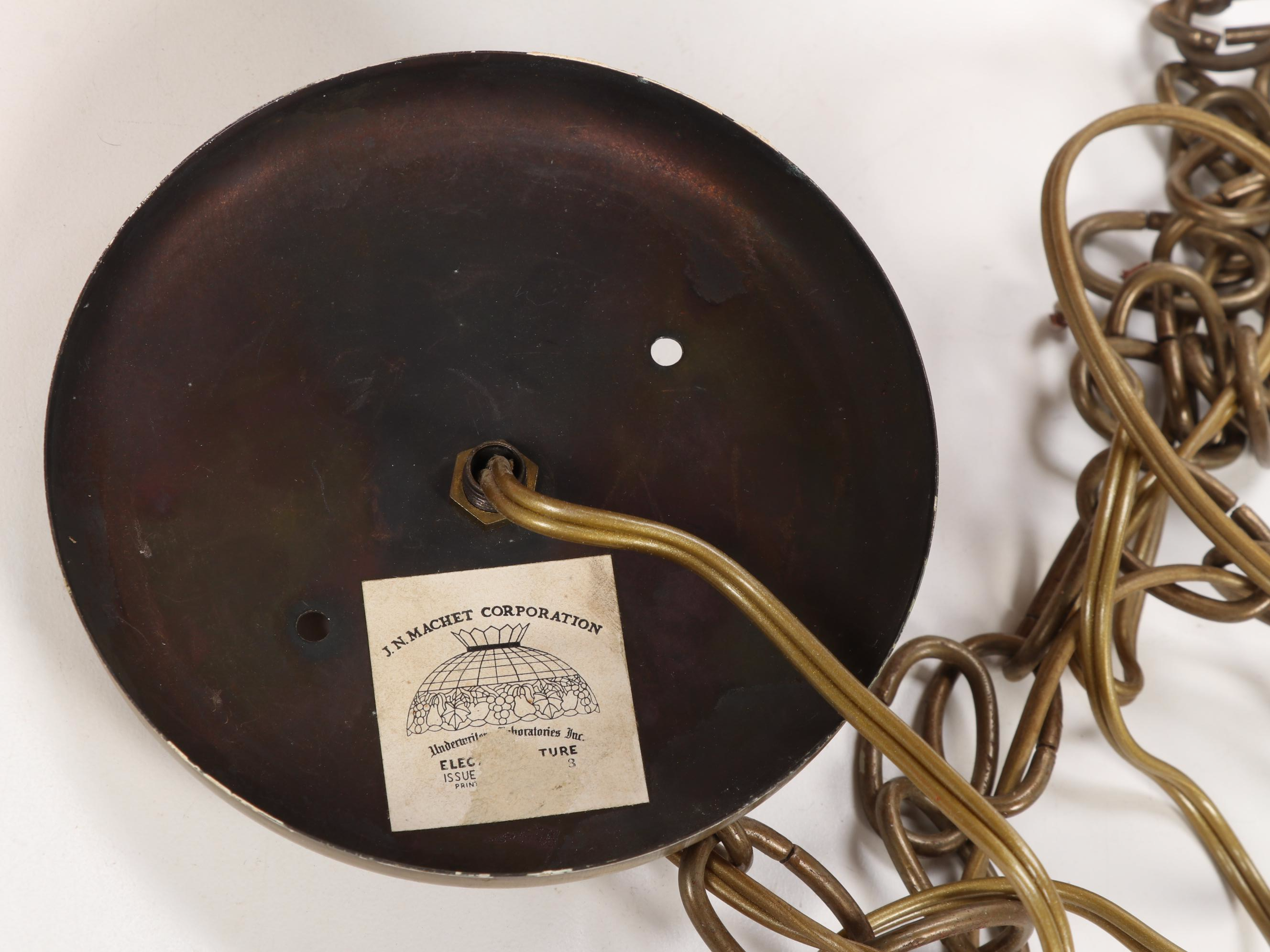 J.N. Machet Stained Glass Pendant Light and Slag Glass Desk Lamp