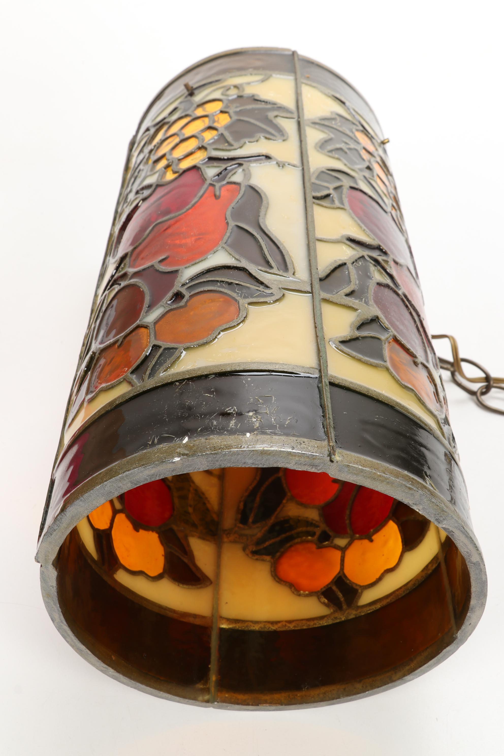 J.N. Machet Stained Glass Pendant Light and Slag Glass Desk Lamp