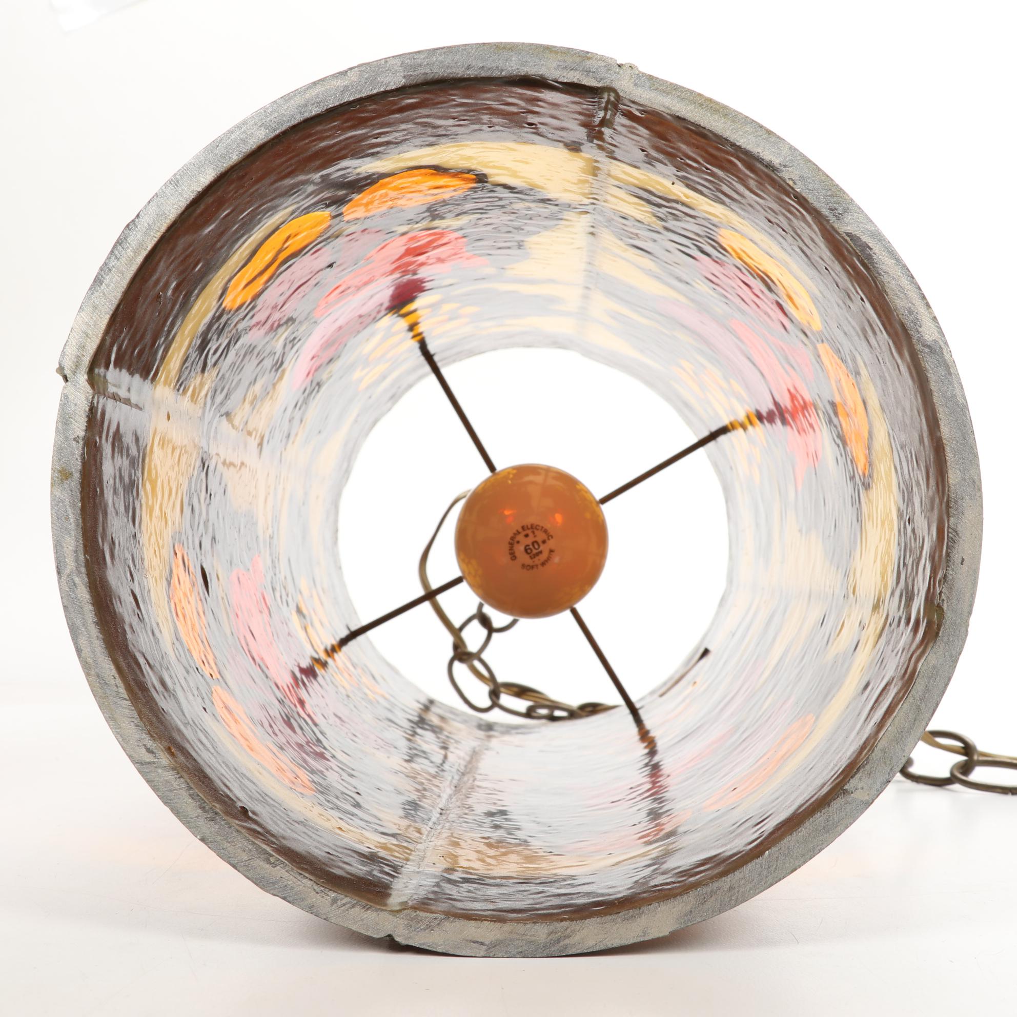 J.N. Machet Stained Glass Pendant Light and Slag Glass Desk Lamp