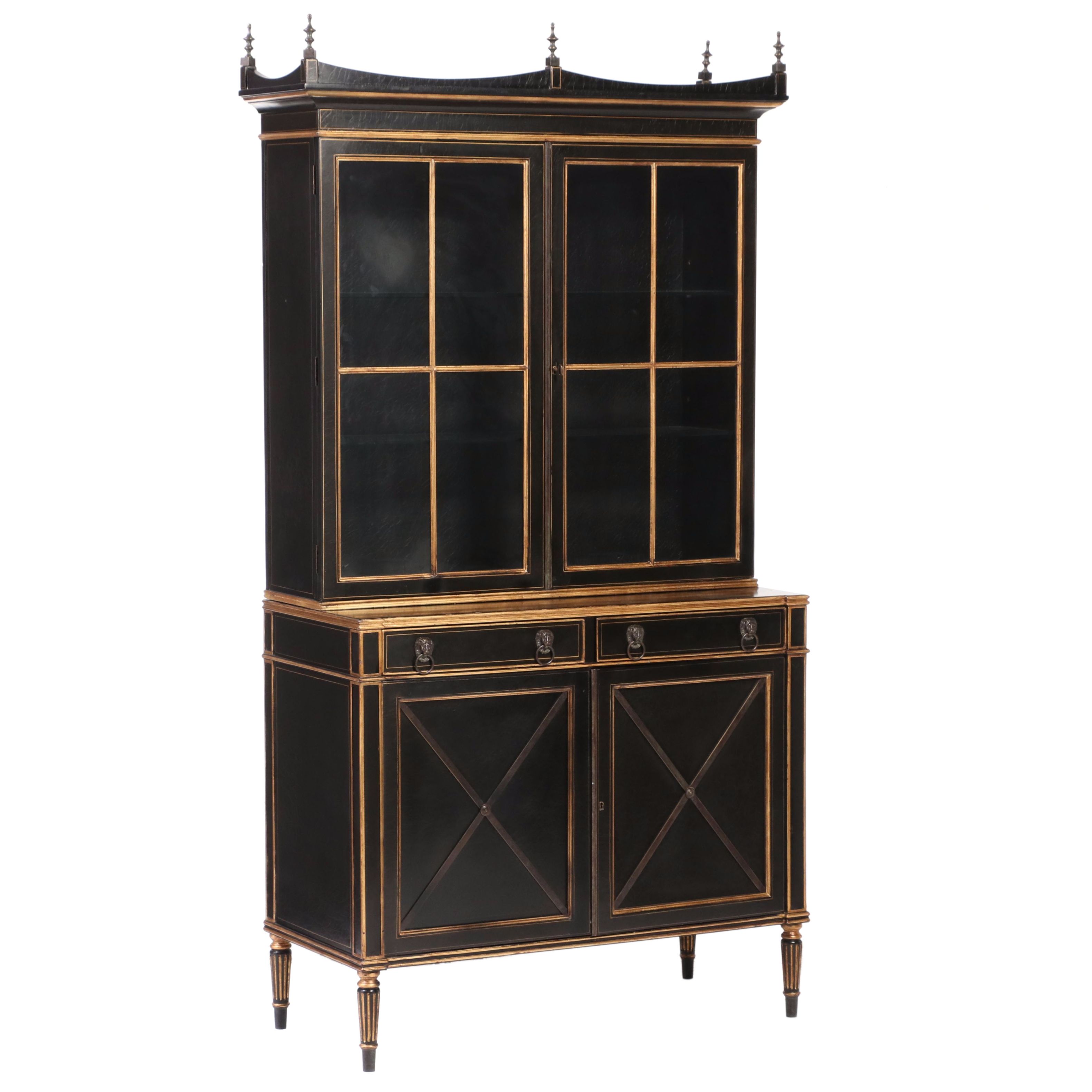 Neoclassical Style Black Lacquer and Parcel-Gilt Two-Piece China Cabinet