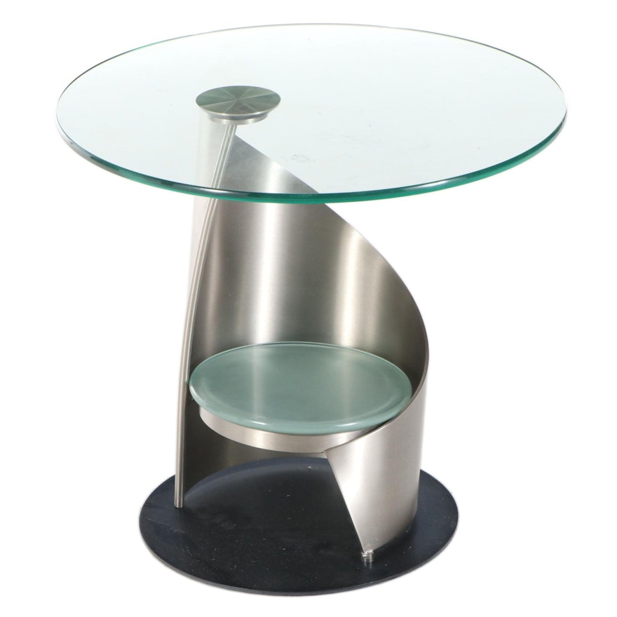 Postmodern Brushed Aluminum and Glass End Table