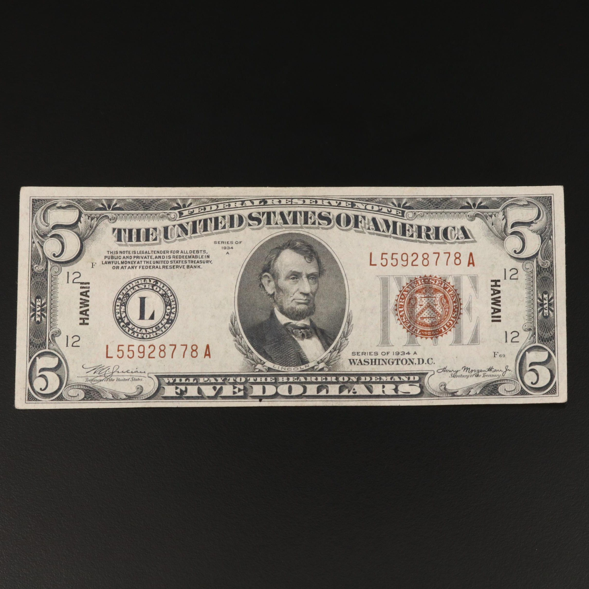 Series 1934A "Hawaii Overprint" $5 Federal Reserve Note