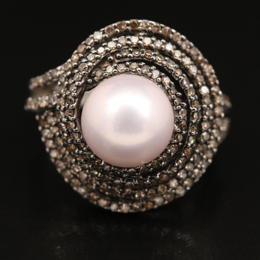 14K Pearl and Diamond Multi-Row Swirl Ring