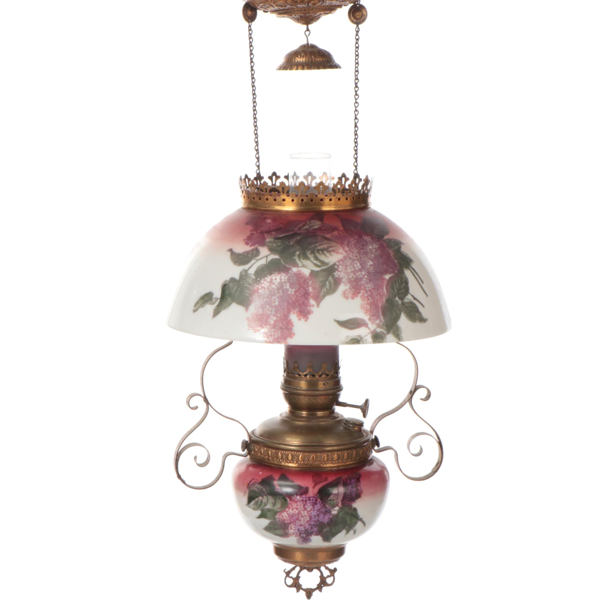 Art Nouveau Brass and Hand-Painted Glass Oil Lamp Ceiling Pendant