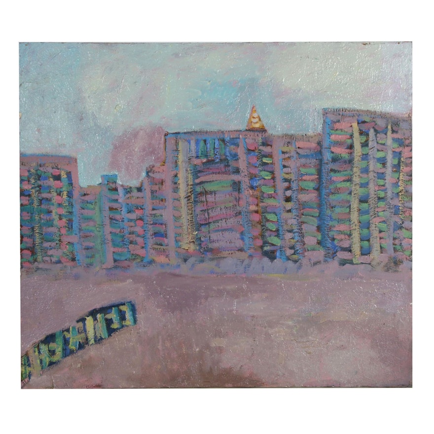 Jerald Mironov Cityscape Oil Painting, Late 20th Century