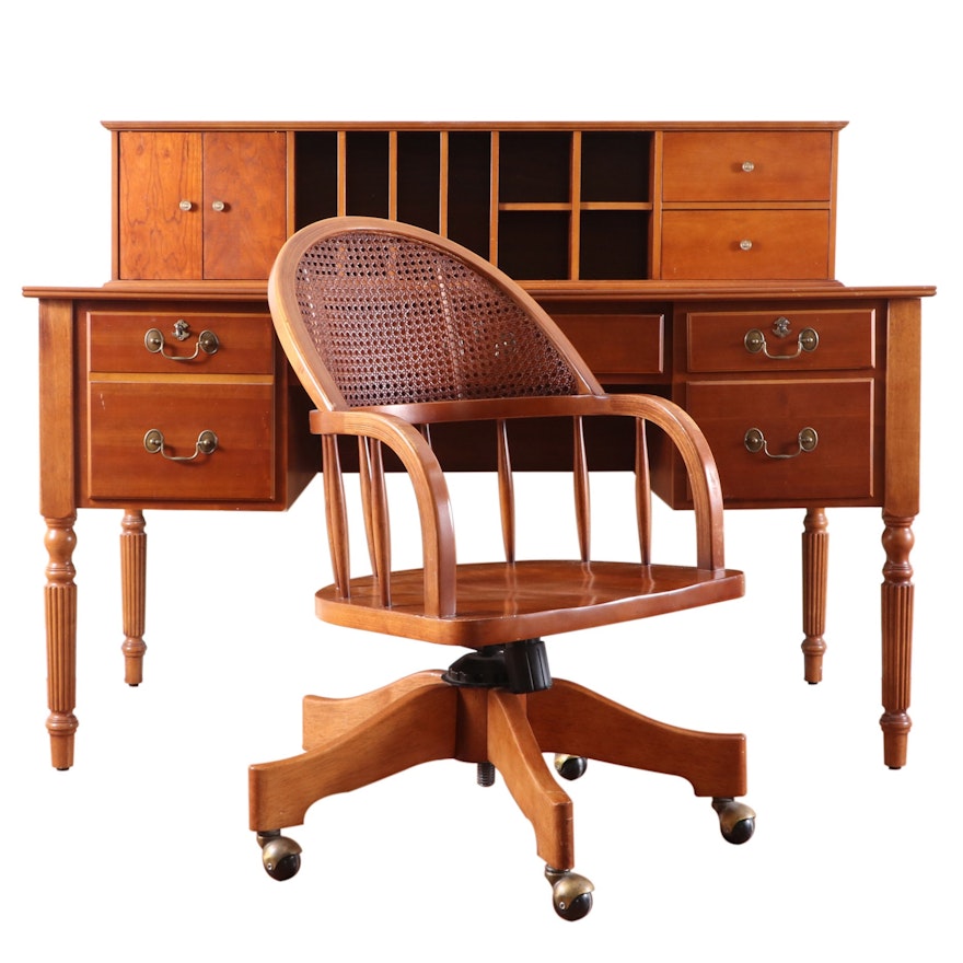 Sheraton Style Contemporary Writing Desk with Cane-Back Rolling Chair