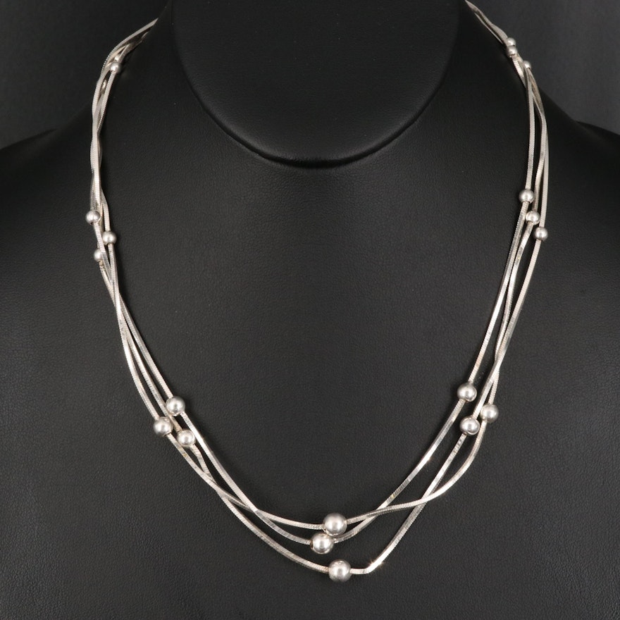 Italian Sterling Silver Triple Strand Beaded Station Necklace