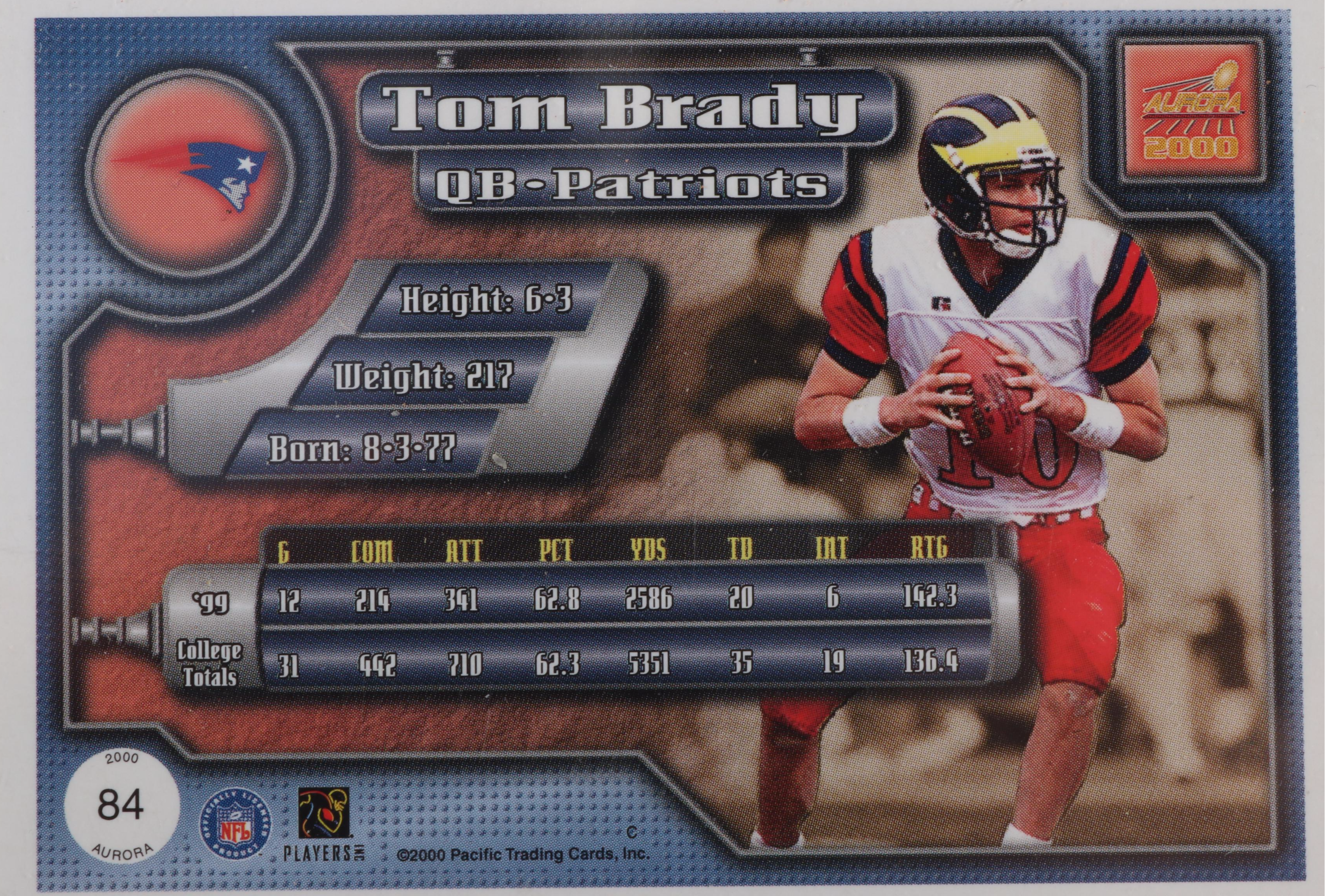 2000 Tom Brady Pacific Aurora #84 Rookie NFL Football Card