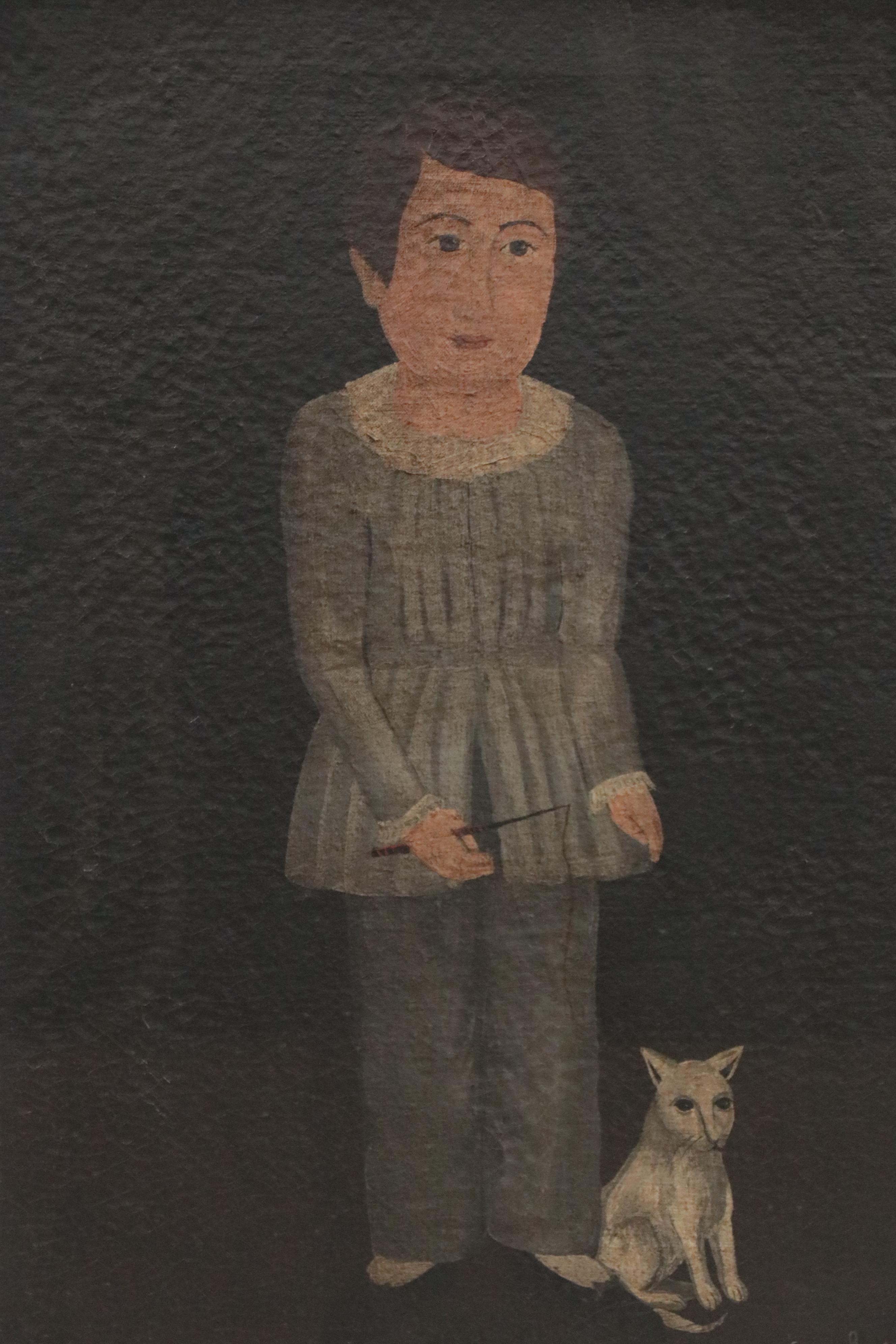Folk Art Style Oil Painting of Child with Cat, 1977