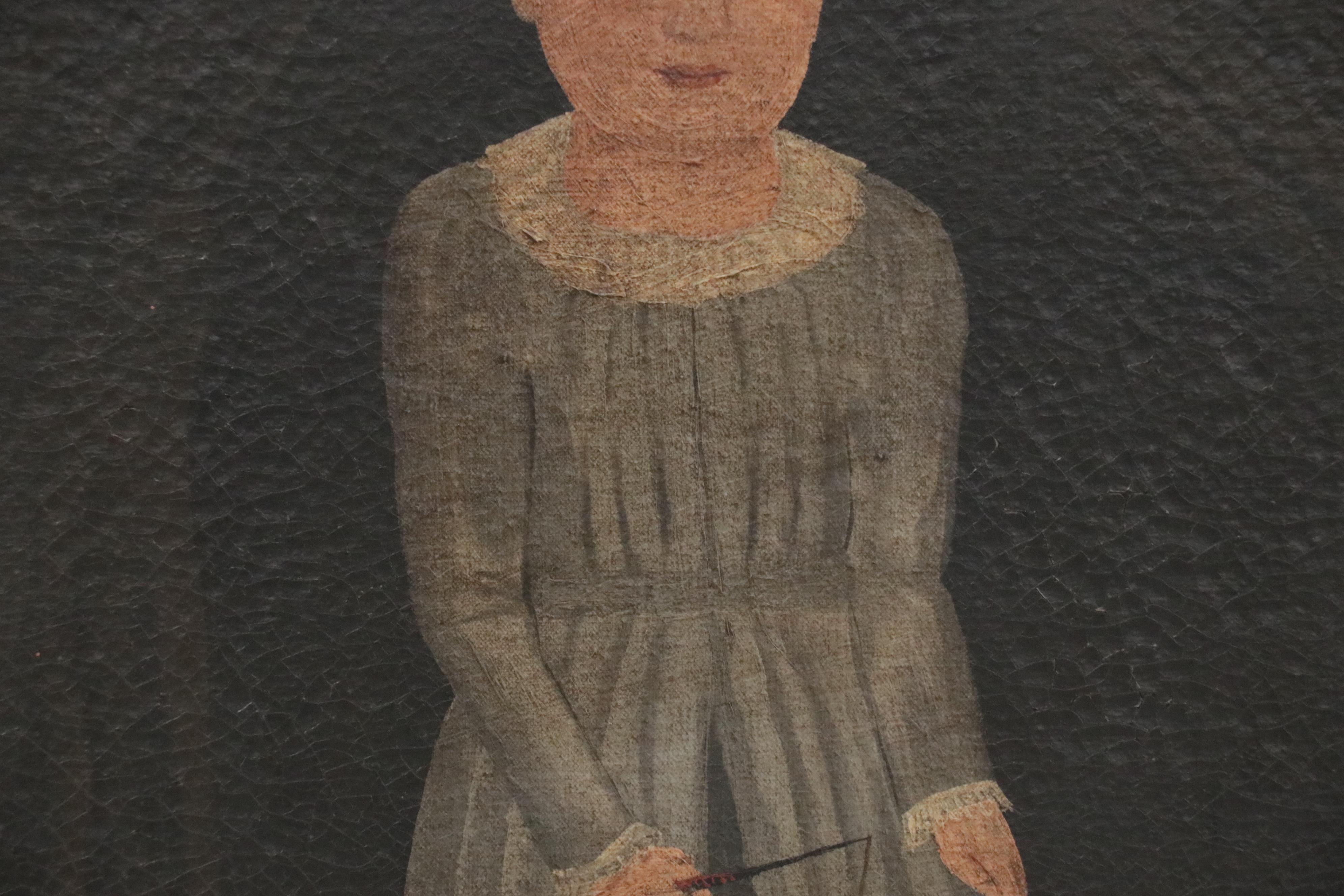 Folk Art Style Oil Painting of Child with Cat, 1977