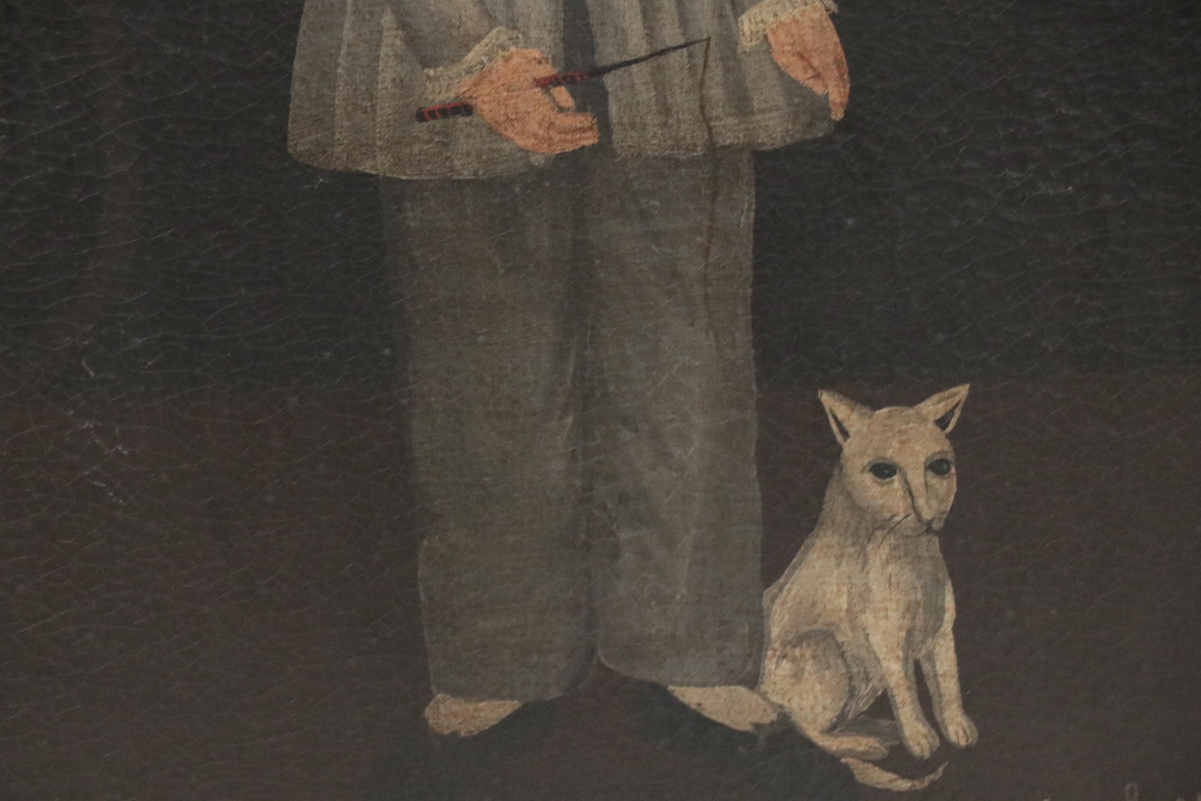Folk Art Style Oil Painting of Child with Cat, 1977
