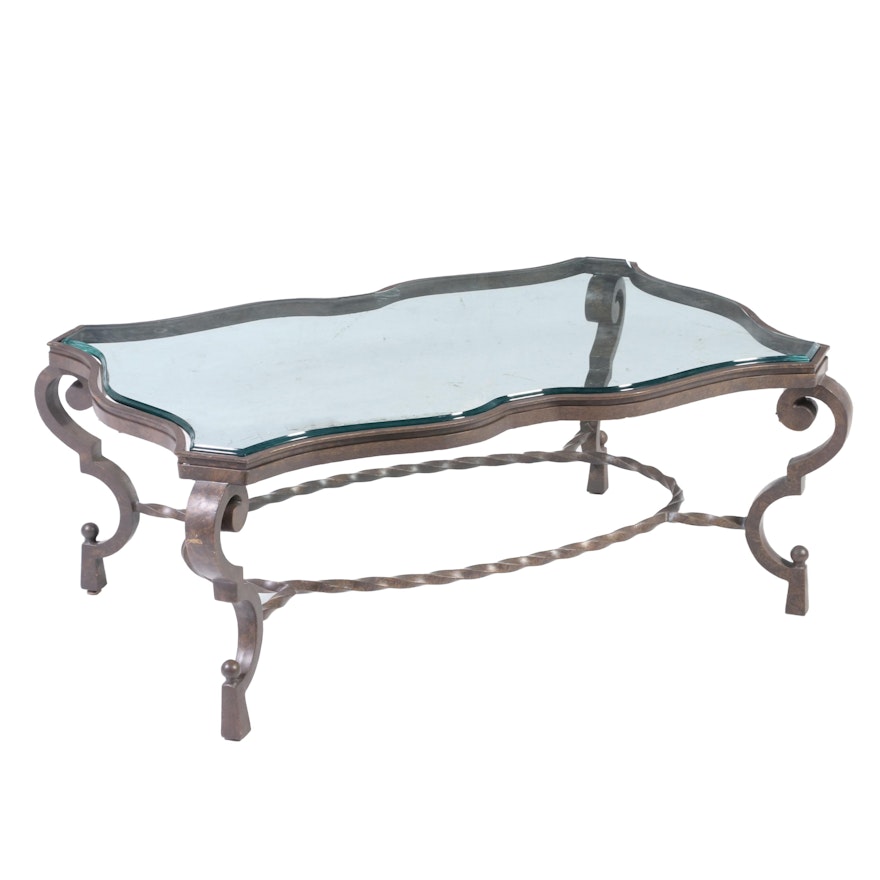 Wrought Iron and Glass Top Serpentine Coffee Table