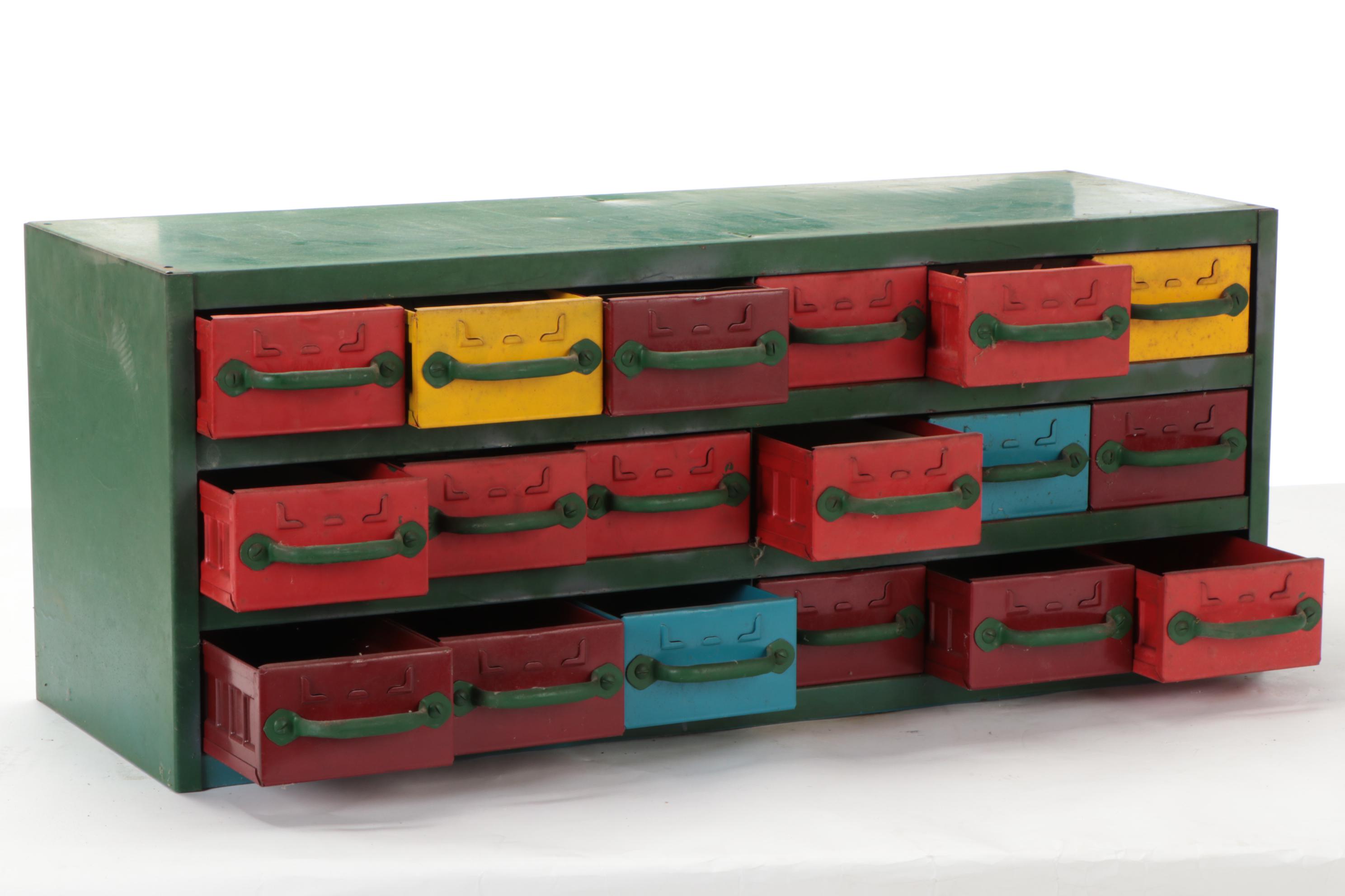 Polychrome-Painted Metal 24-Drawer Parts Cabinet