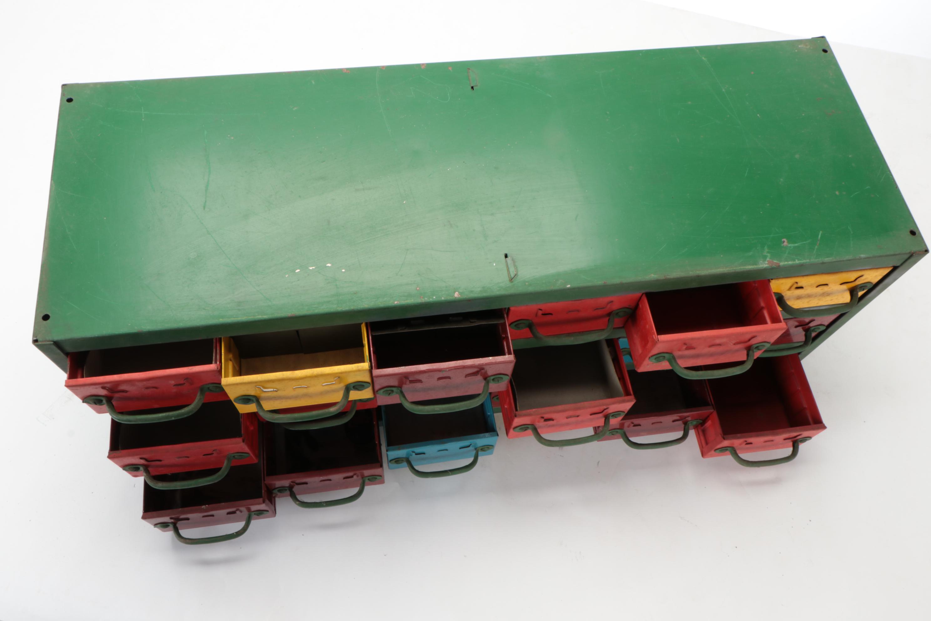 Polychrome-Painted Metal 24-Drawer Parts Cabinet