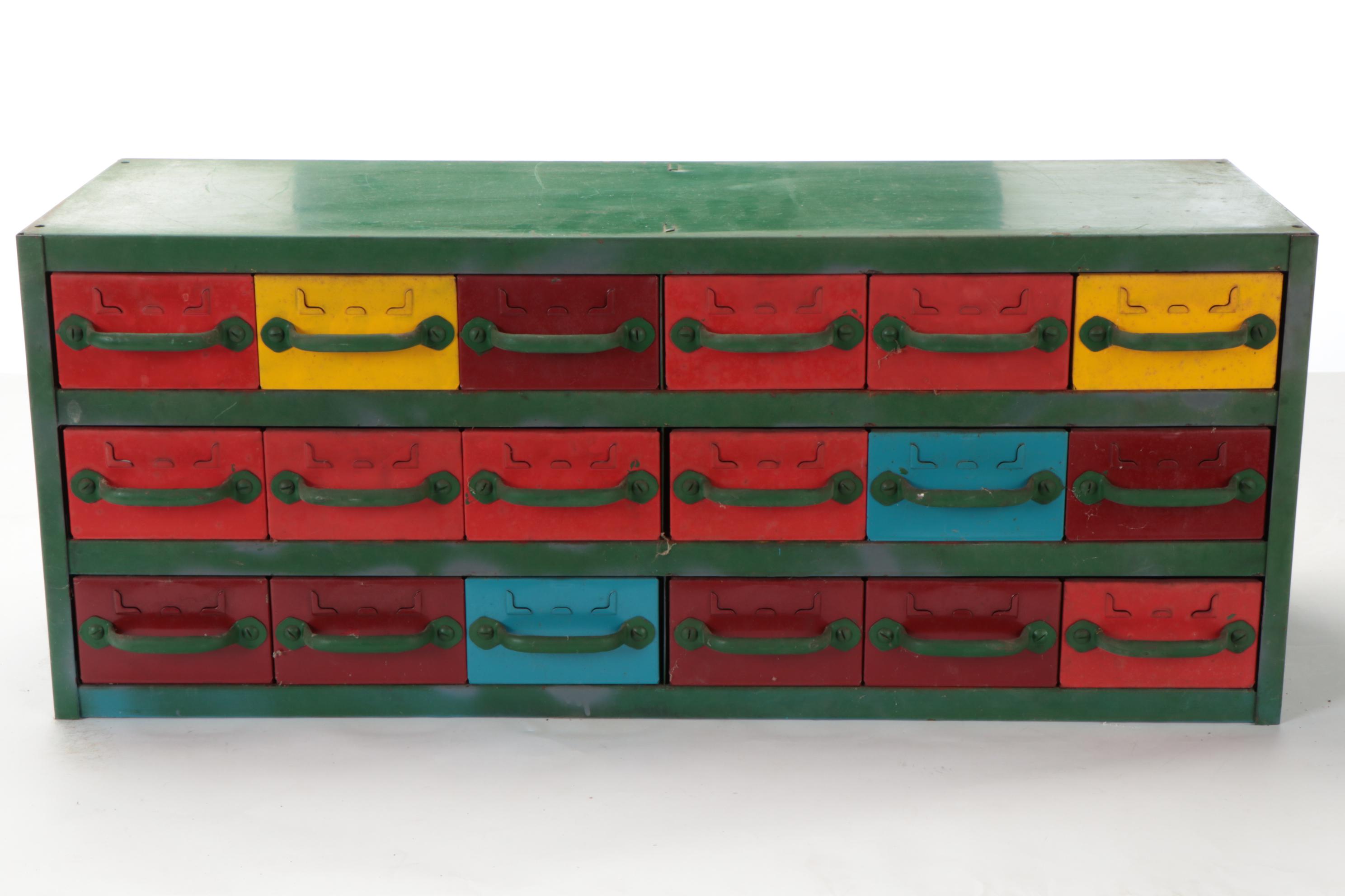 Polychrome-Painted Metal 24-Drawer Parts Cabinet