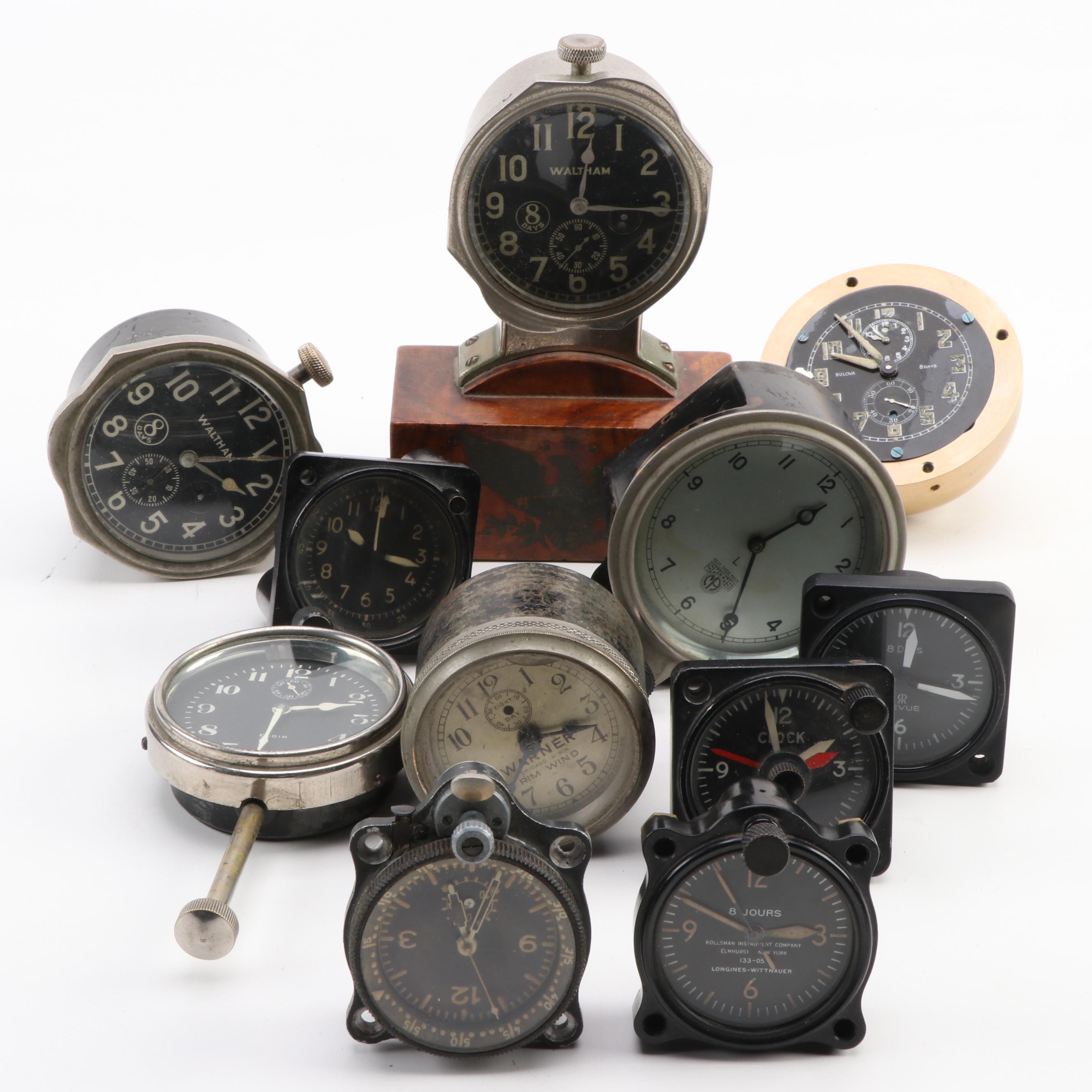 Waltham, Bulova, Wittnauer 8 Day and More Car and Airplane Analog Clocks