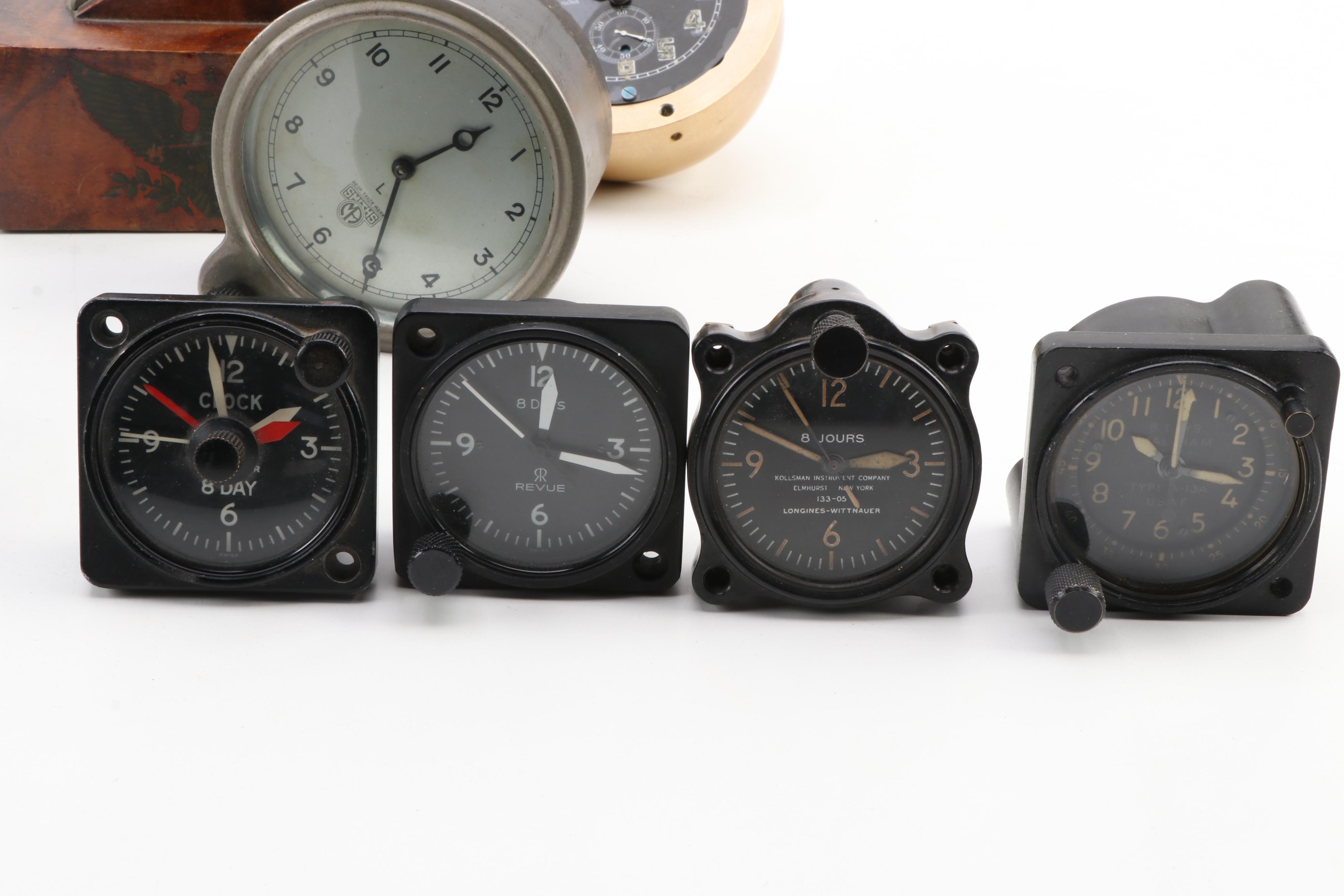 Waltham, Bulova, Wittnauer 8 Day and More Car and Airplane Analog Clocks