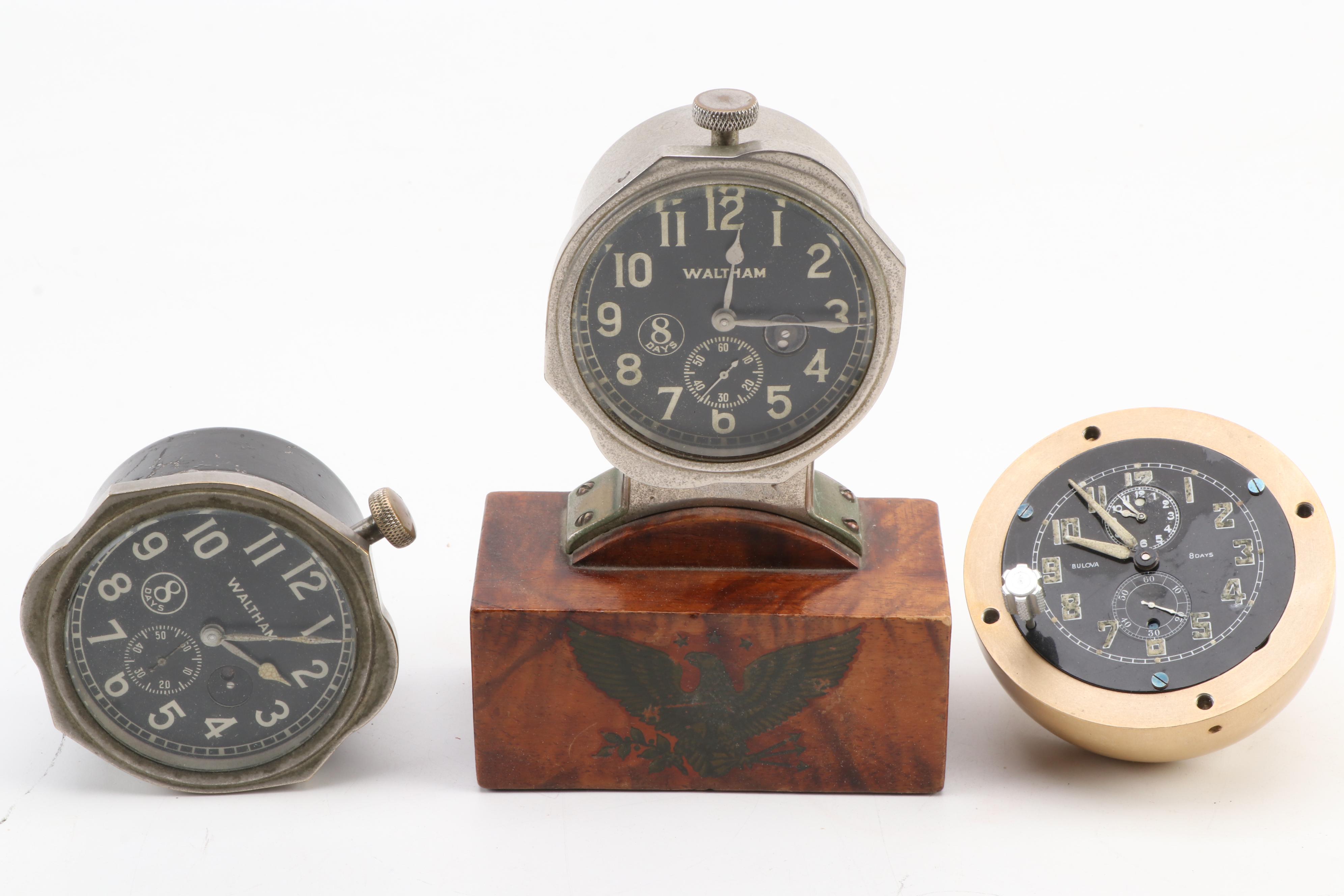 Waltham, Bulova, Wittnauer 8 Day and More Car and Airplane Analog Clocks
