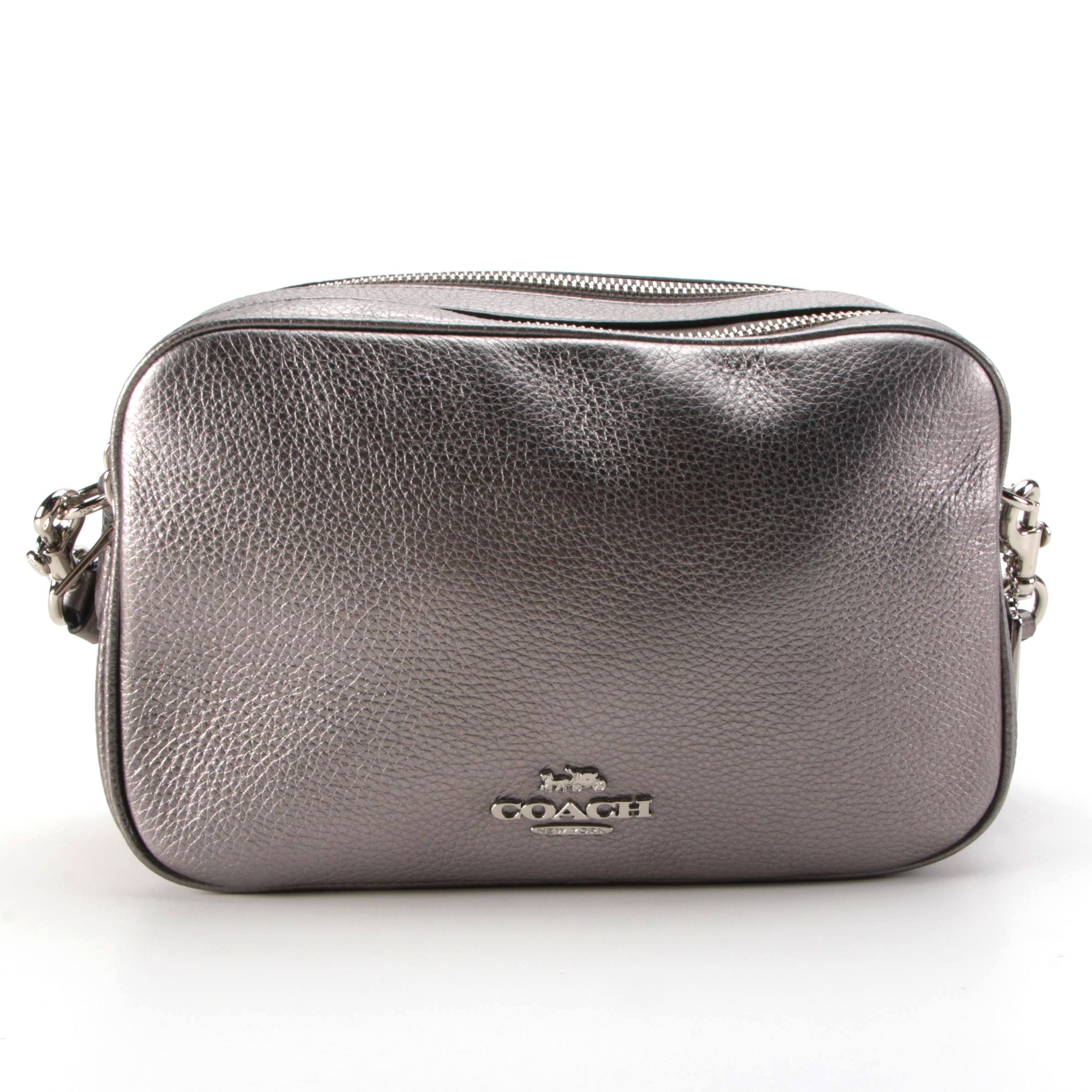Coach Jes Double Zip Crossbody Bag in Metallic Silver Pebbled Leather