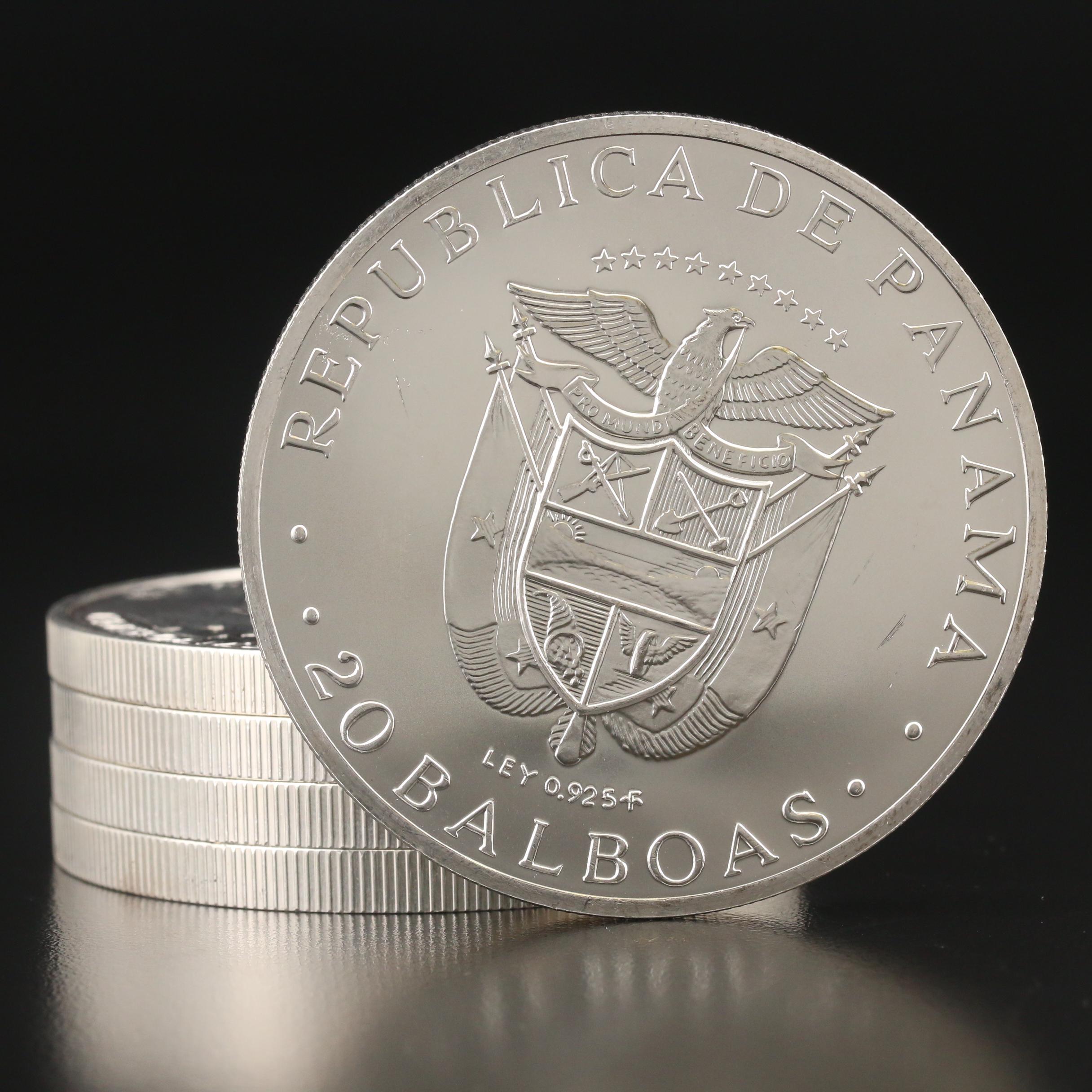 Five Panama 20 Balboas Silver Coins