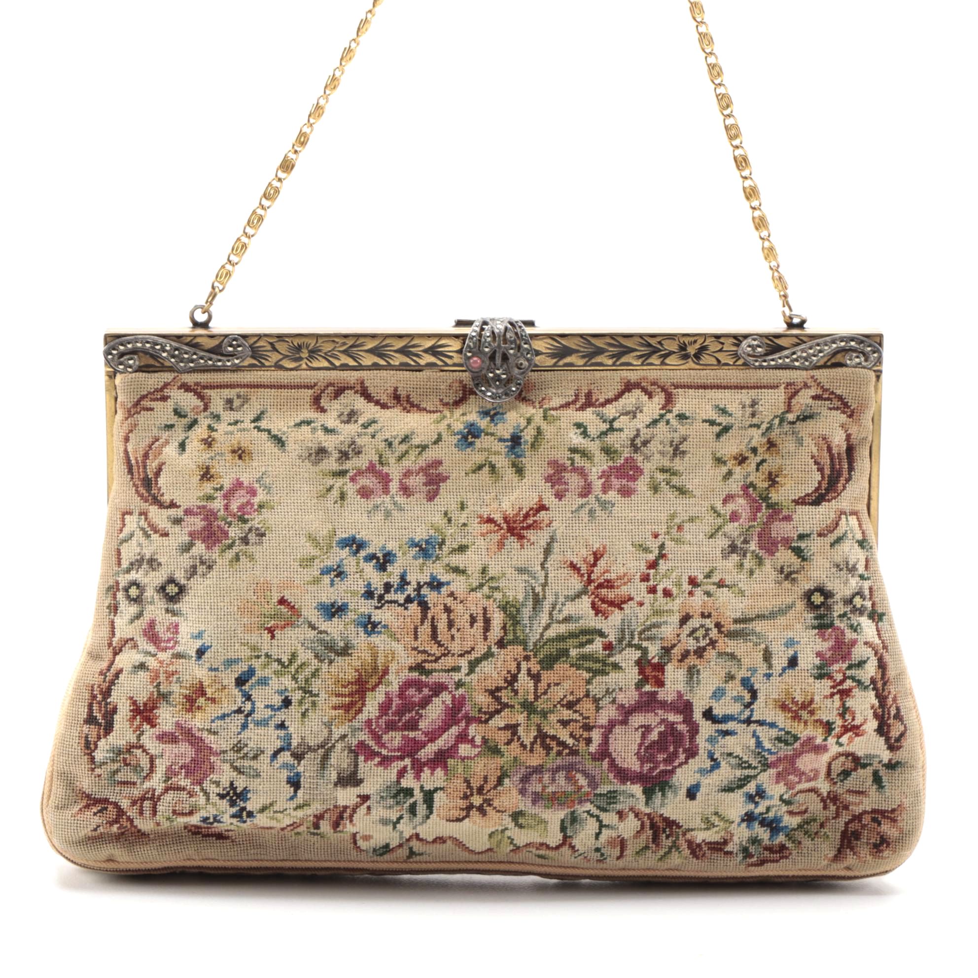 Floral Petit Point Frame Bag with Rhinestone Details