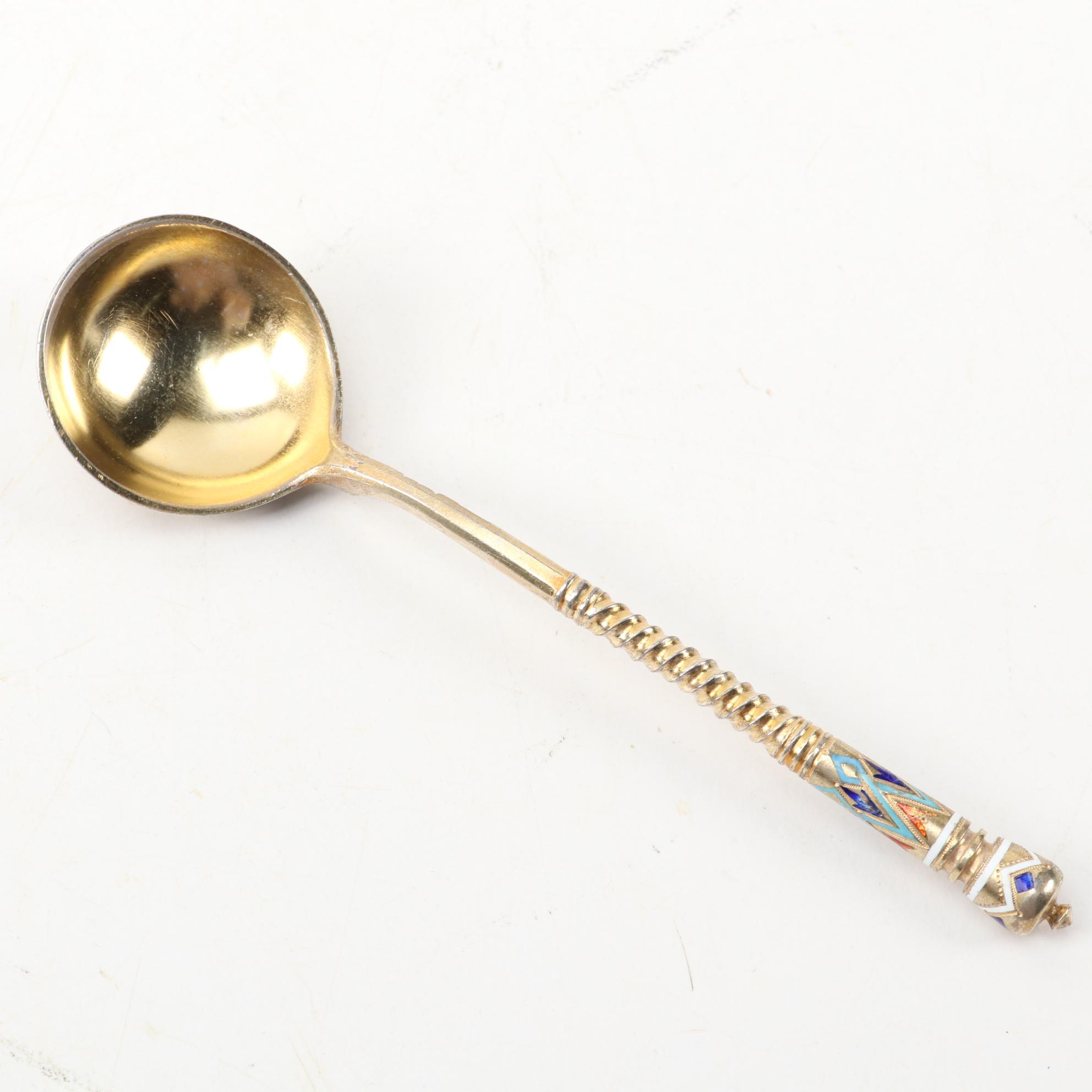 Russian Imperial Champlevé Pan-Slavic Enamel 916 Silver Flatware, 1875