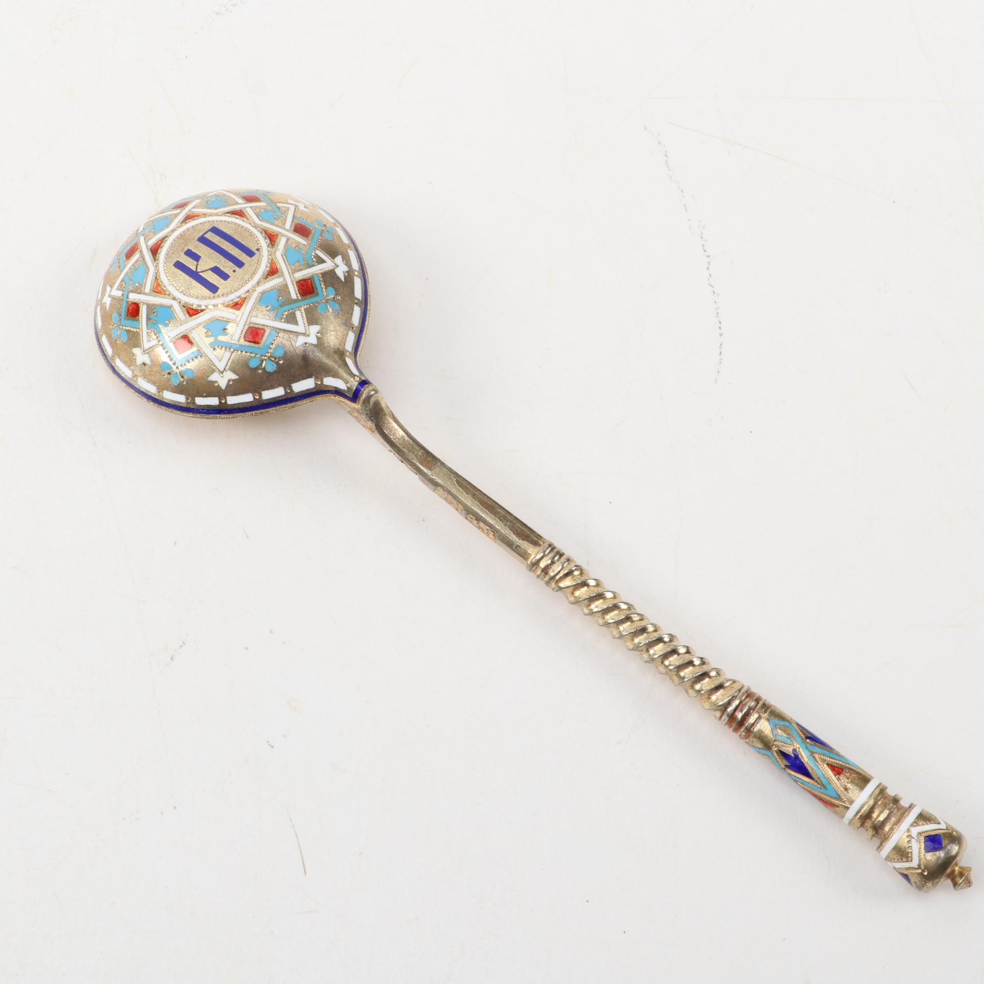 Russian Imperial Champlevé Pan-Slavic Enamel 916 Silver Flatware, 1875