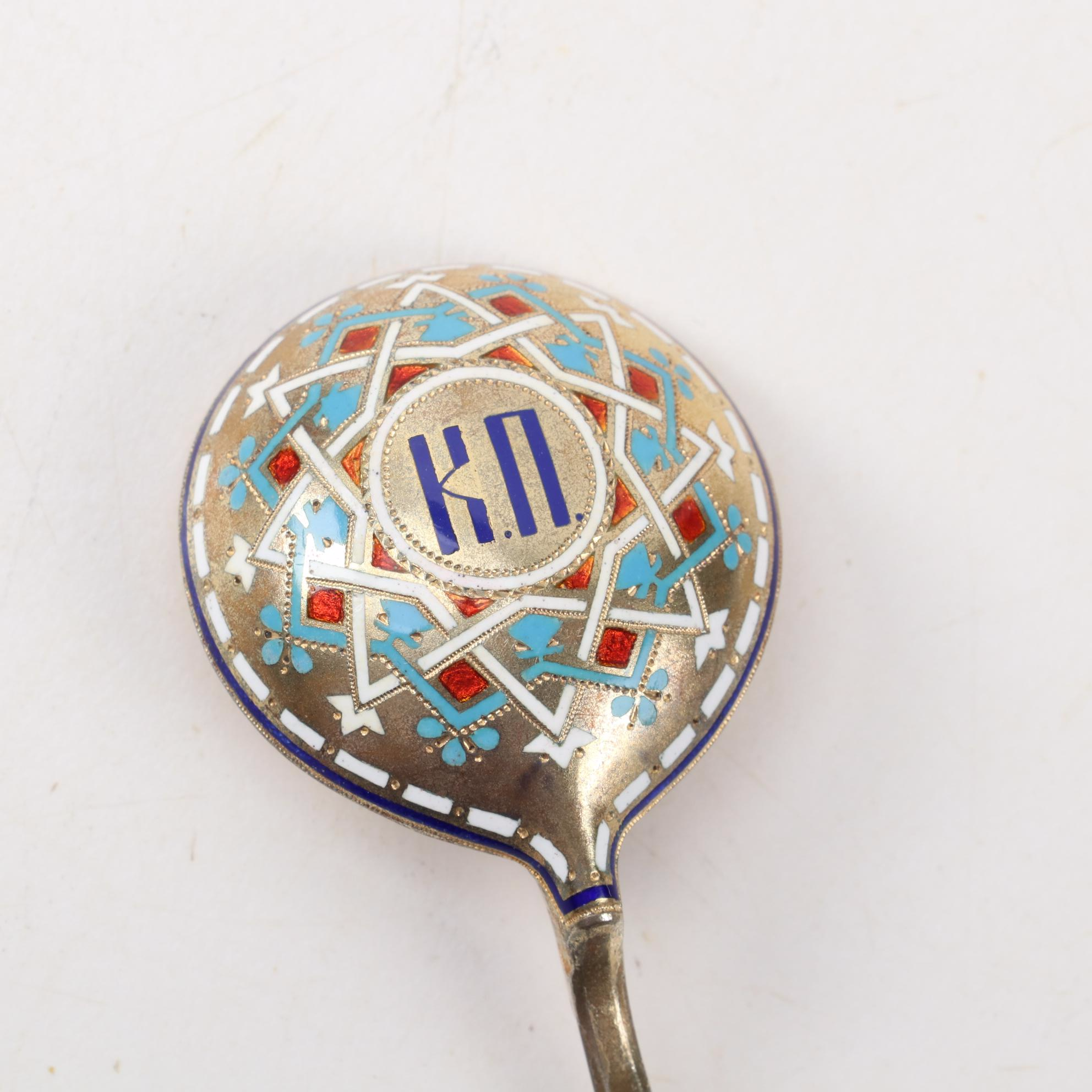 Russian Imperial Champlevé Pan-Slavic Enamel 916 Silver Flatware, 1875