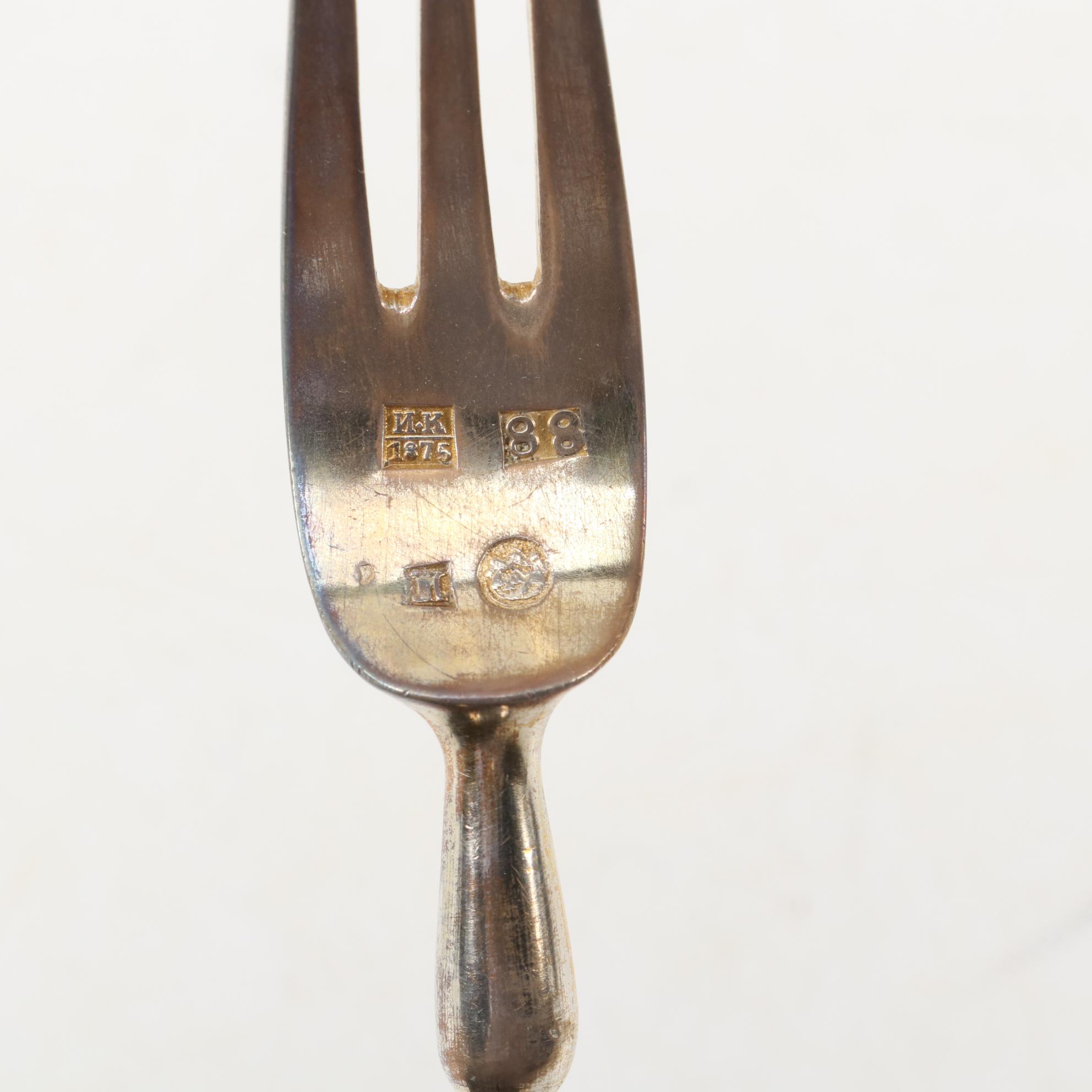 Russian Imperial Champlevé Pan-Slavic Enamel 916 Silver Flatware, 1875