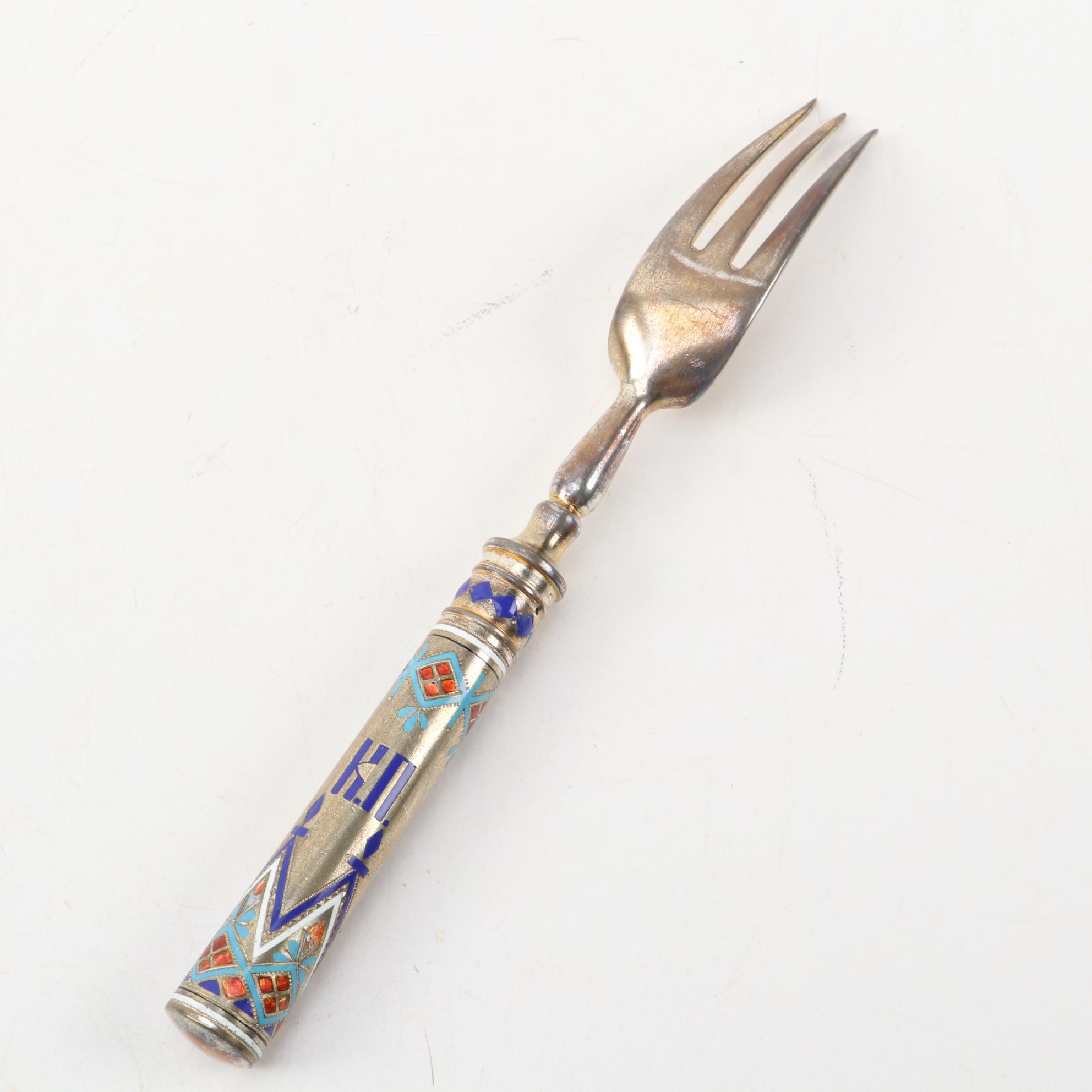 Russian Imperial Champlevé Pan-Slavic Enamel 916 Silver Flatware, 1875