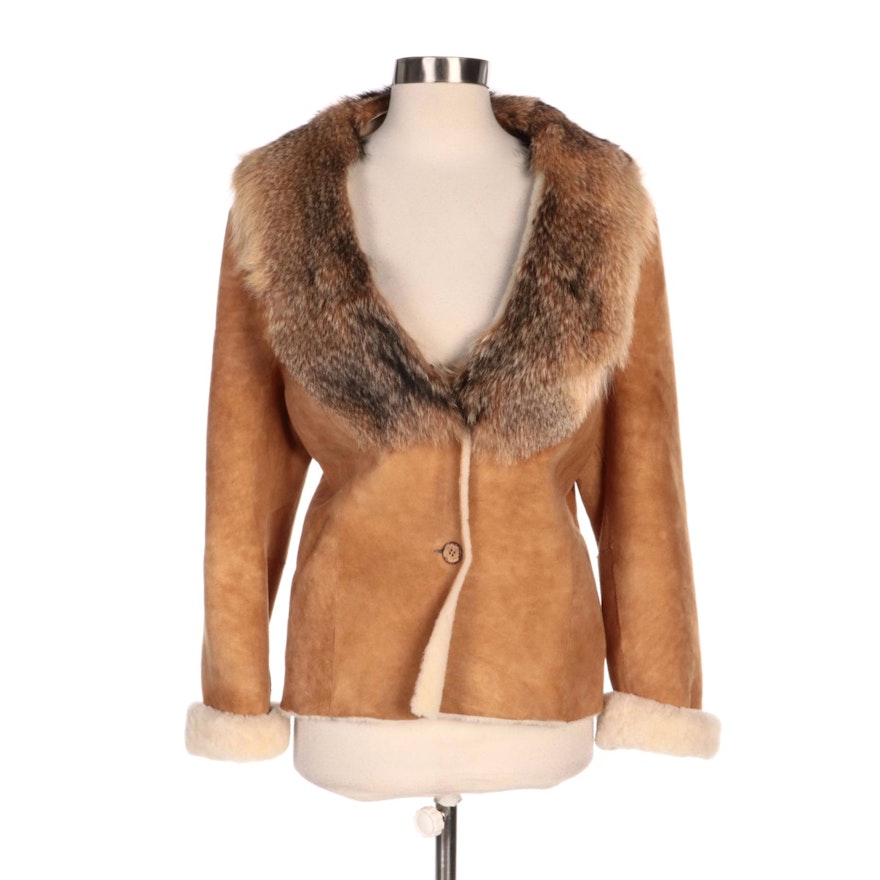 Suede and Shearling Lined Button-Front Jacket with Coyote Fur Collar