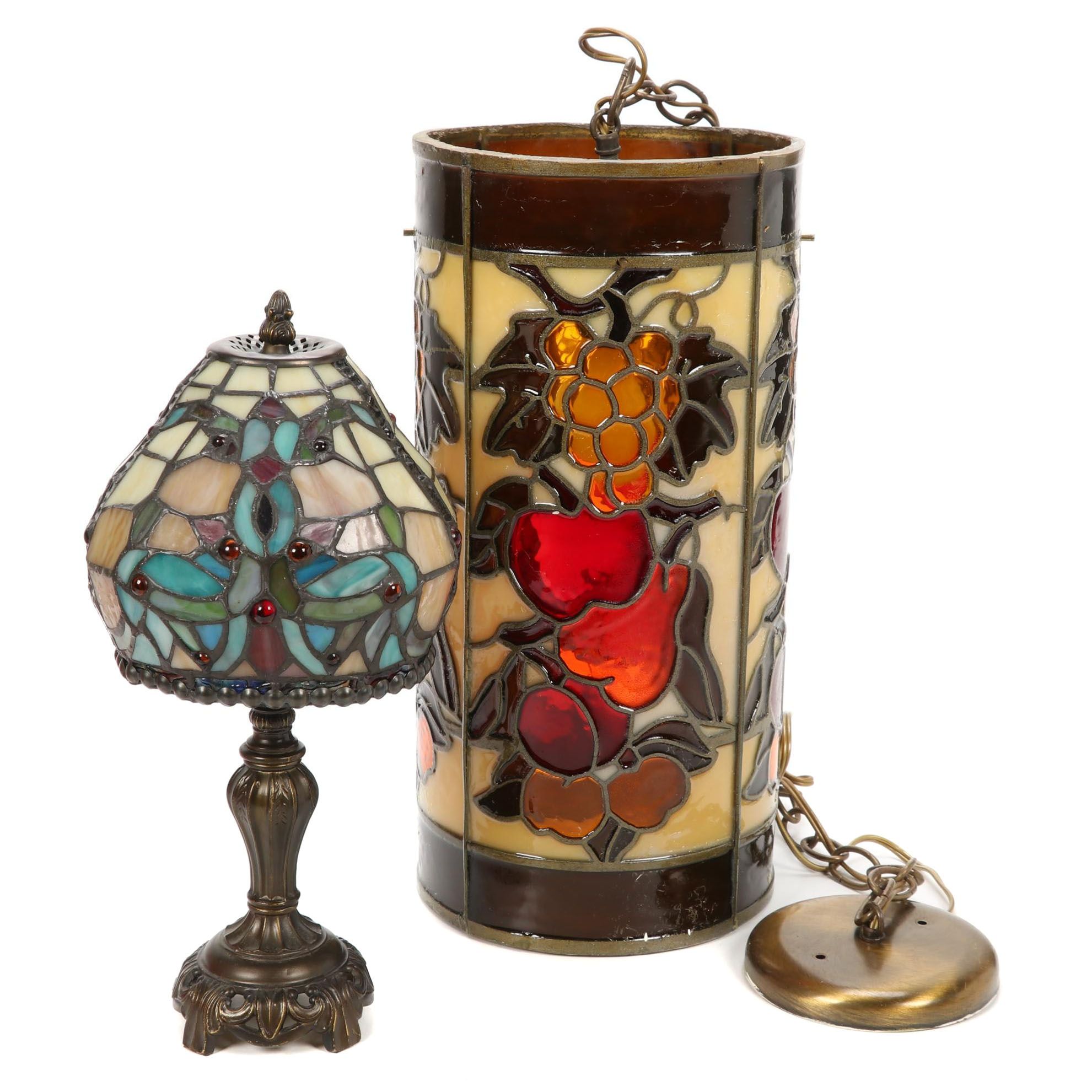 J.N. Machet Stained Glass Pendant Light and Slag Glass Desk Lamp