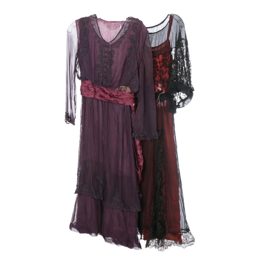 Soutache and Lace Embellished Crepe Gowns, Early 20th Century