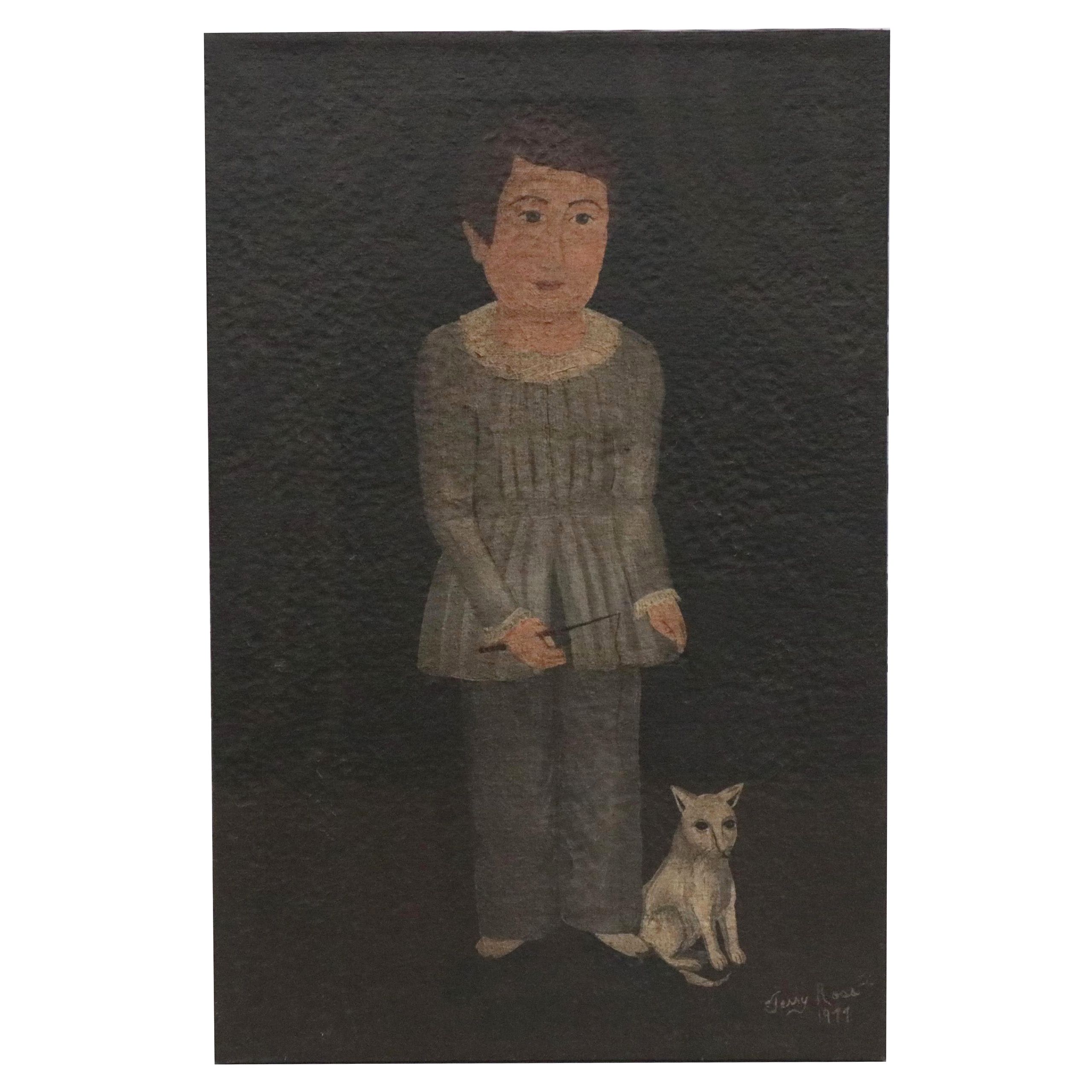 Folk Art Style Oil Painting of Child with Cat, 1977