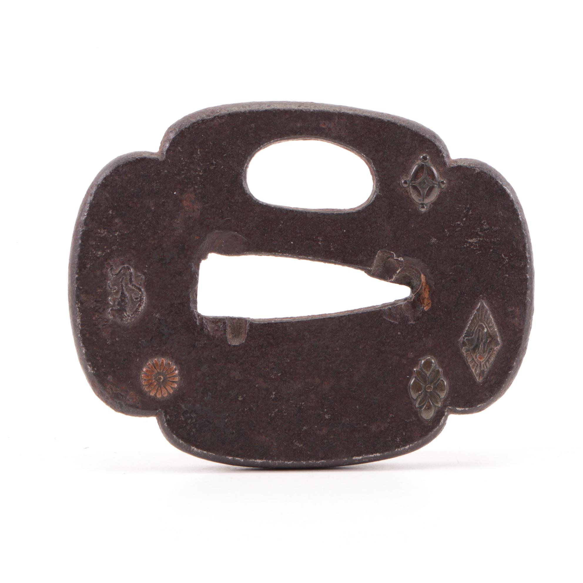 Japanese High-Relief Inlay Tsuba Sword Guard, 20th Century