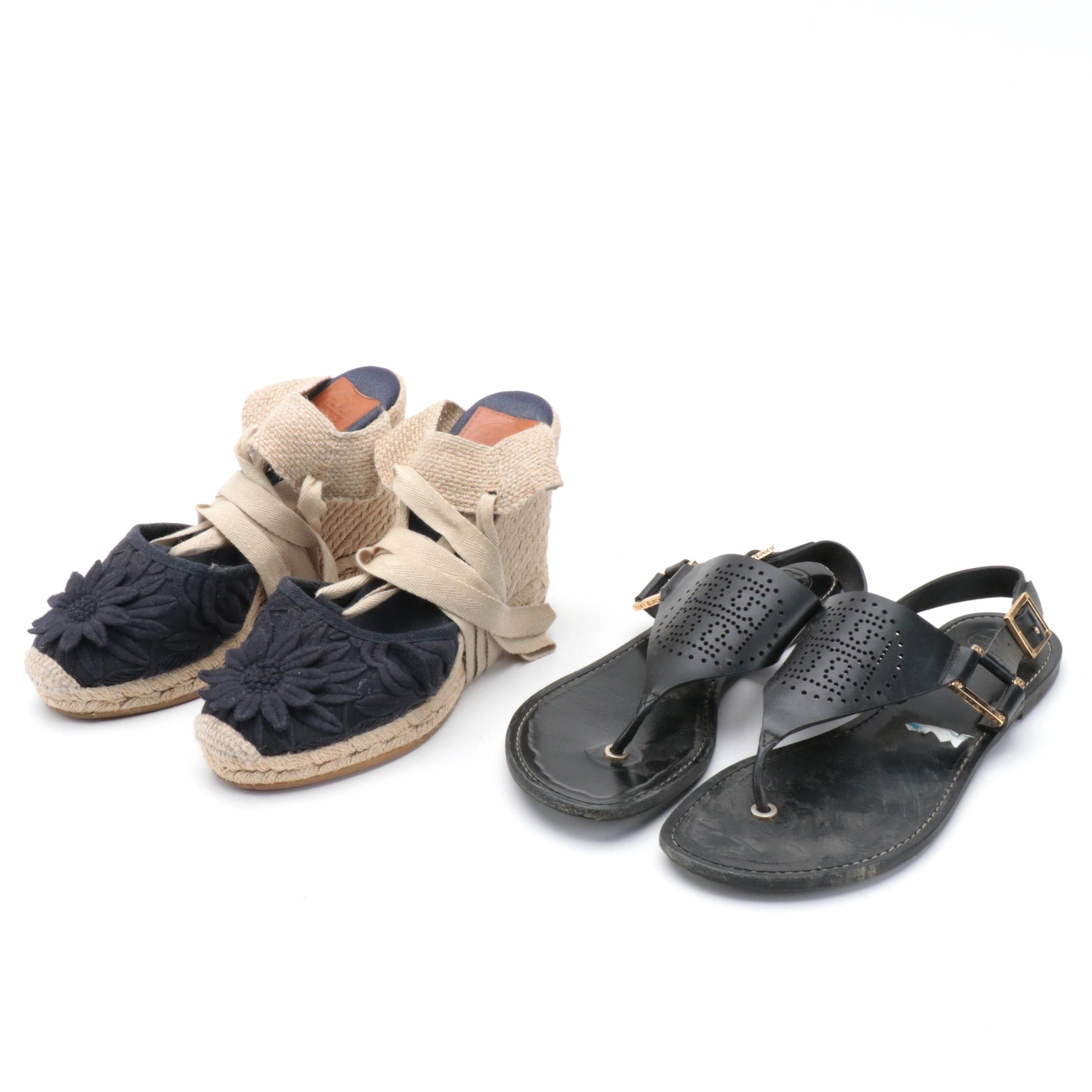 Tory Burch Miller Black Leather Sandals and Emil Espadrille Wedge Sandals
