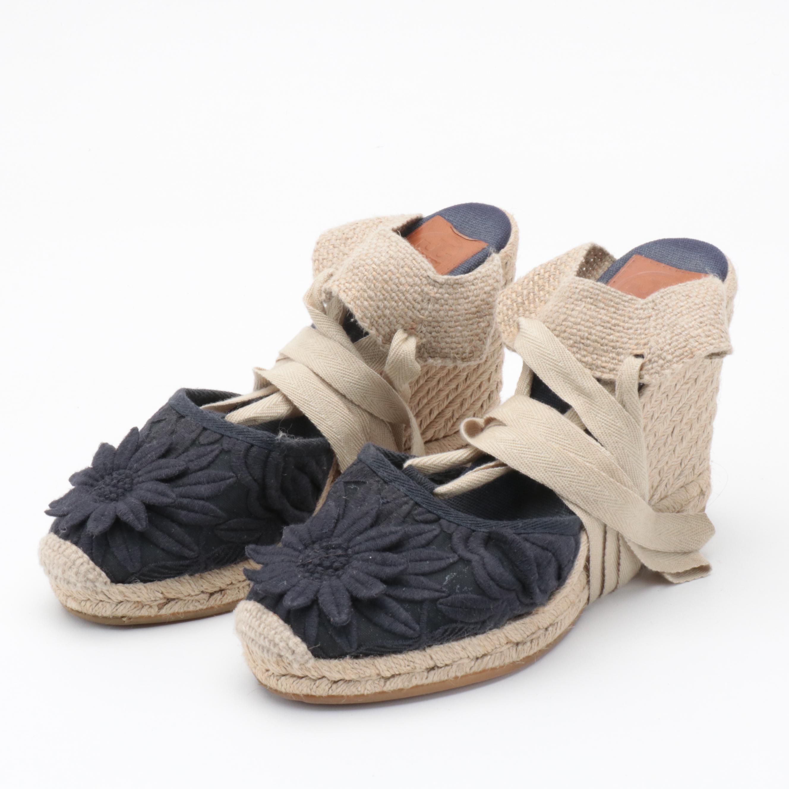 Tory Burch Miller Black Leather Sandals and Emil Espadrille Wedge Sandals